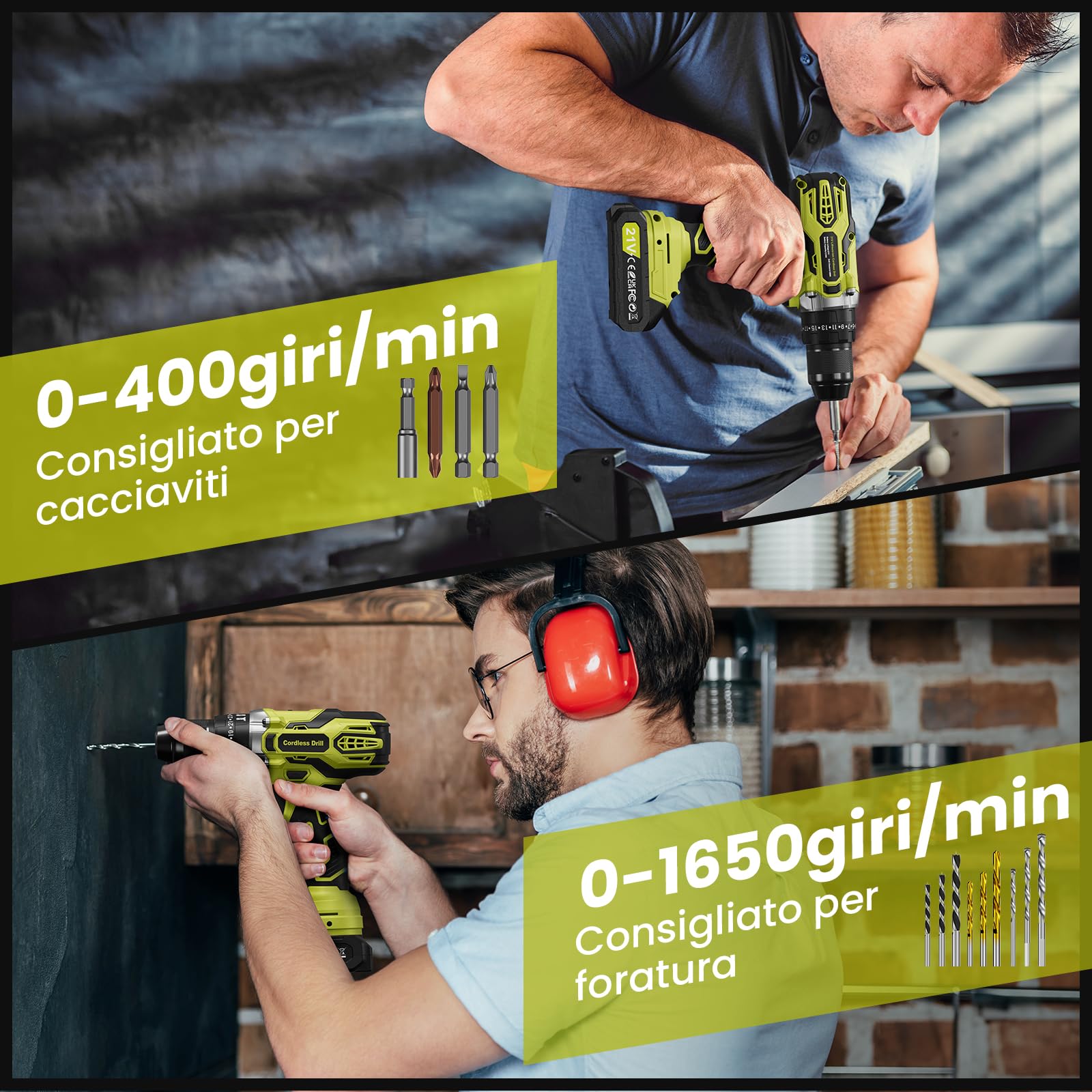21V Avvitatore a Batteria, 45NM Trapano Avvitatore Batteria, Trapano a Percussione con 2 Batterie 2.0Ah, 25+3 Coppie, LED Luce, 2 Velocità, 27 Accessori, 10mm Metallo Mandrino Autoserrante Green