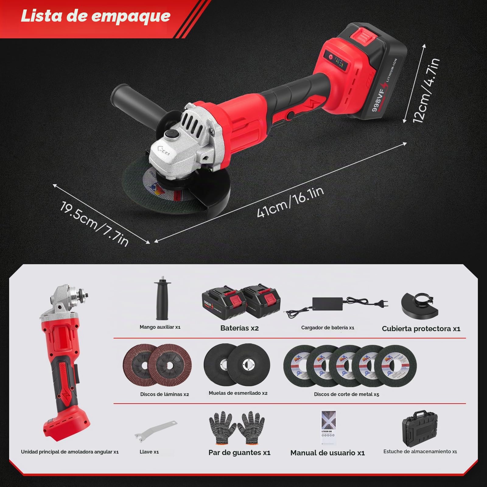 Amoladora Angular a Batería, 21V Angular inalámbrica con 2x Baterías 3.0 Ah, Motor sin Escobillas 13500RPM, 900W Amoladora inalámbrica de con discos para cortar
