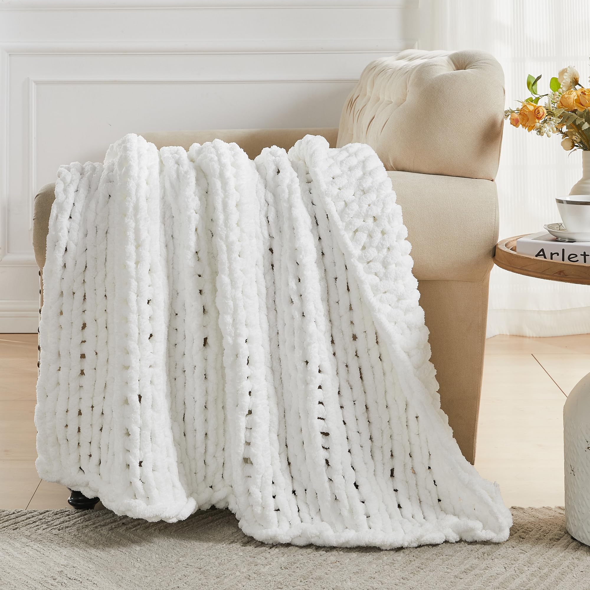 Couverture épaisse En Chenille Carriediosa – 127x152 Cm – Blanc Crème – Fait Main – Moelleuse Pour Canapé