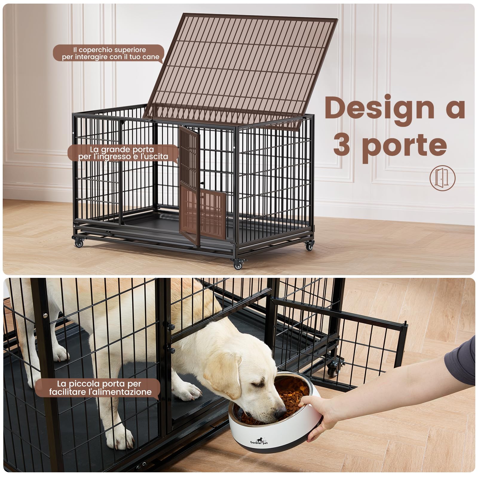 Gardner Pet Gabbia Pieghevole Per Cani Con 3 Porte, 82 X 52 X 56 Cm, Gabbia Da Trasporto Con Struttura Metallica Resistente, Dotata Di Freno E Fondo Rimovibile, Impilabile, Nero