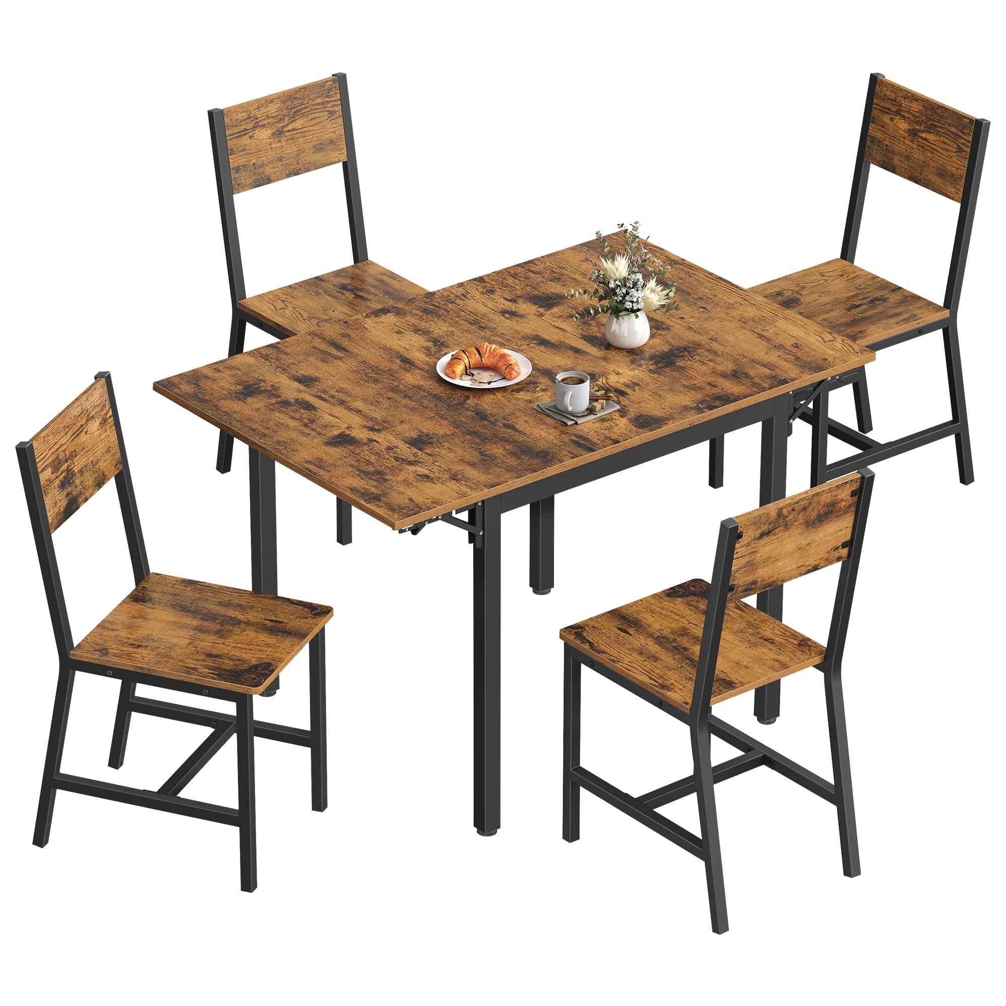 VASAGLE Extendable Dining Table with 4 Chairs, Dining Set, for Living Room, Kitchen, Steel Frame, Easy Assembly, Rustic Brown and Ink Black ZH2504042