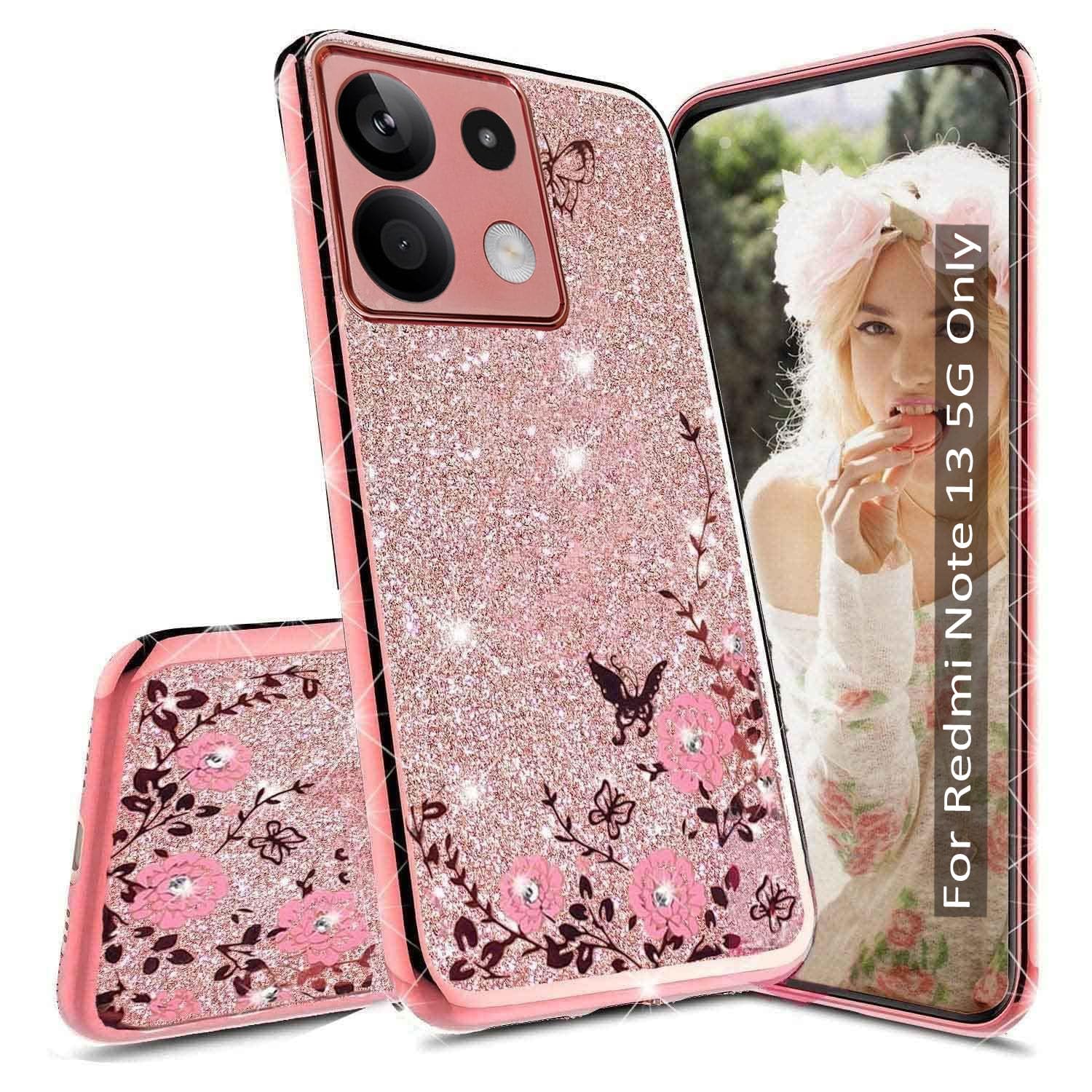 KC Back Cover for Mi Redmi Note 13 5G - Crystals Side Glitter Auora Paper Bling Side 2 in 1 Soft Silicone Transparent Camera Protection Case (Rose Gold Pink)