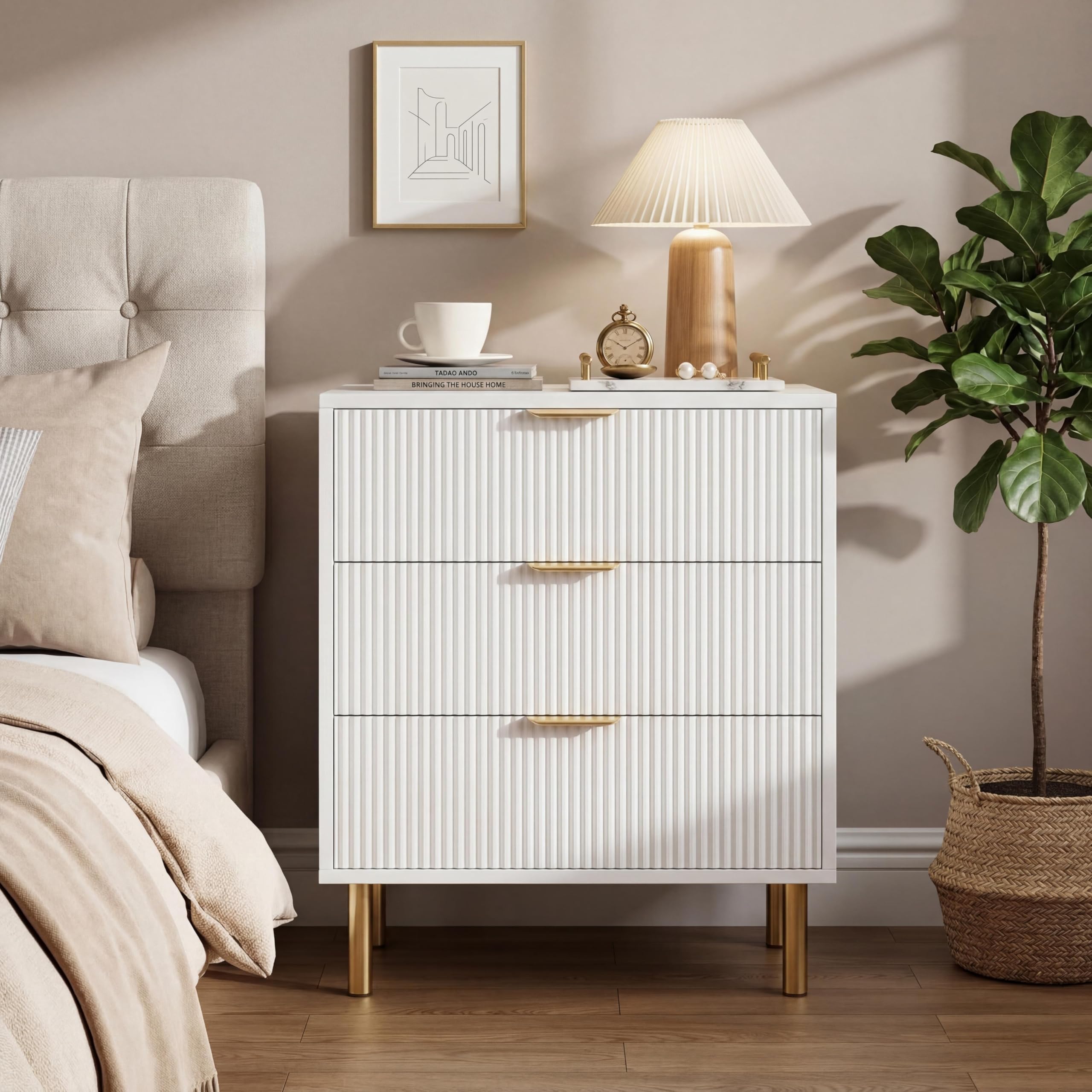 Garvee 3 Drawer Dresser for Bedroom, Nightstand Chest of Drawers, Modern Wood Storage Closet Dresser with Metal Handles & Anti-Tipping Device for Hallway & Entryway, White