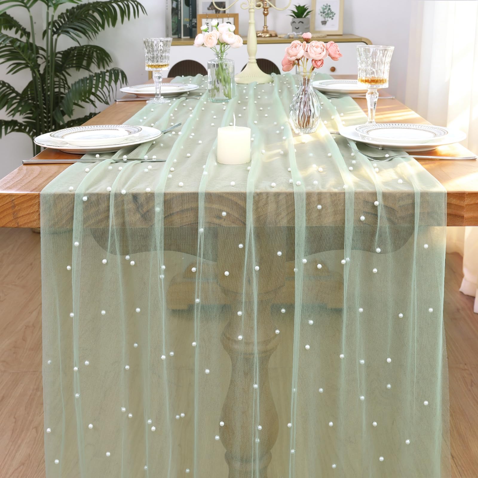 LOMOHOO Table Runner Sage Green 75x300cm Wedding Table Decoration with Pearl and Tulle, Cheesecloth Tablecloth Sheer Table Cloth Runner Pearl Gauze for Bridal Shower Birthday Party Dining Table