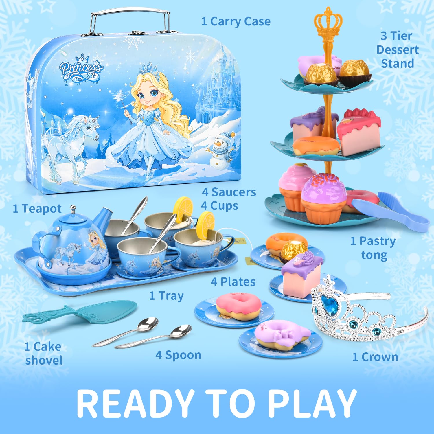 Amplov 43-Piece Princess Tea Set Playset for Kids – Pretend Play Kitchen Toy with Teapot, Desserts & Carrying Case | Toddler Tea Party Toys, Imaginative Role Play, Birthday Gift for Girls Ages 3-8