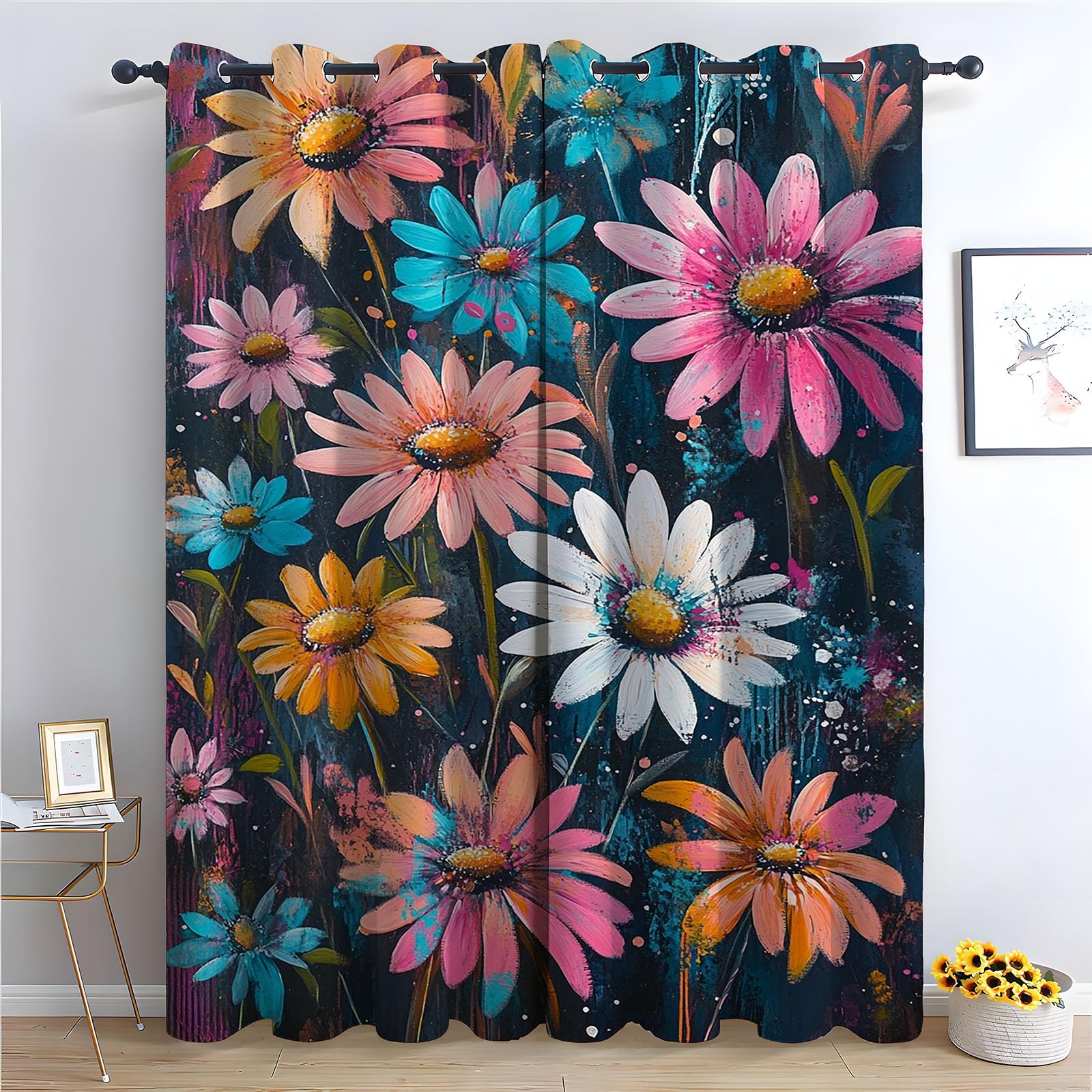 WQBQKKX Abstract Line Blackout Curtains for Living Room Bedroom Flower Farmhouse Flower Print Decorative Grommet Window Drapes Blackout Curtains for Bedroom-52 W x 108" L (Pack of 2)