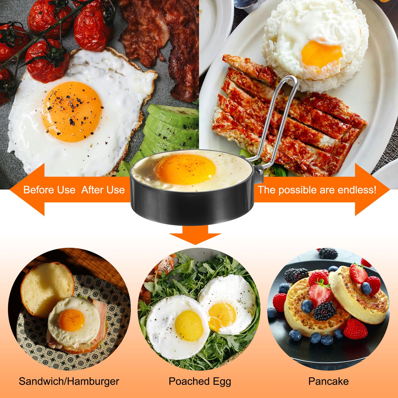 QUARKZMAN 2 Pezzi Anelli Per Uova 4" Acciaio Inossidabile Antiaderente Anello Per Pancake Con Manico In Silicone Per Piastra Frittura Uova Sandwich Omelette Colazione