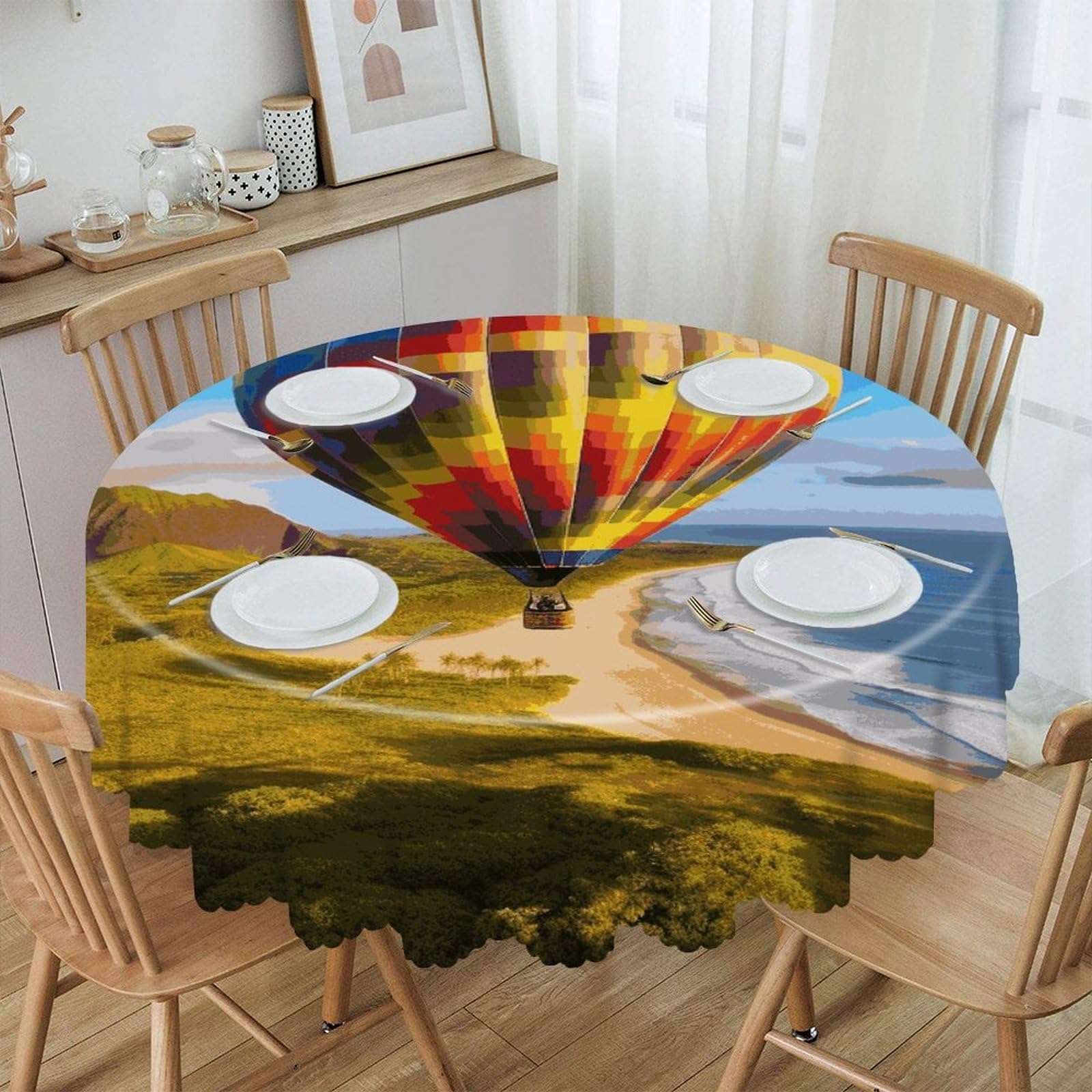 Btcowzrv Style Hawaii Hot Air Balloon Polyester Round Tablecloth 59.84 Inch, Decorative Washable Table Cover, Table Cloth For Restaurant Picnic Indoor And Outdoor Dining