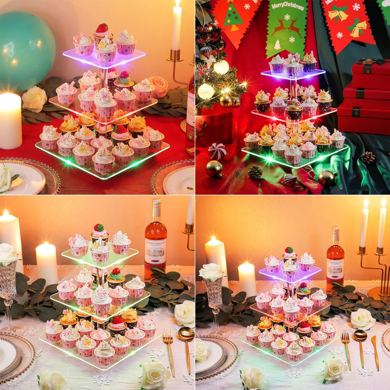 3 Piani Cupcake Stand, Ulifeme LED Ricaricabile Alzata, Supporto per Esposizione di Dolci Trasparente Quadrato, Torre di Cupcakes per Natale, Matrimoni, Anniversari, Feste Prenatalizie e Compleanni