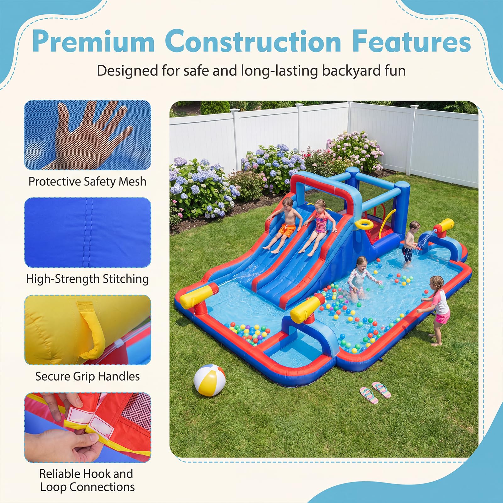 GIANTEX Castello Gonfiabile per Bambini con Scivolo, Piscina Gonfiabile in Tessuto Oxford con Canestro da Basket, Cannone ad Acqua e Parete da Arrampicata, Parco Giochi Grande da Esterno per 3-12 Anni