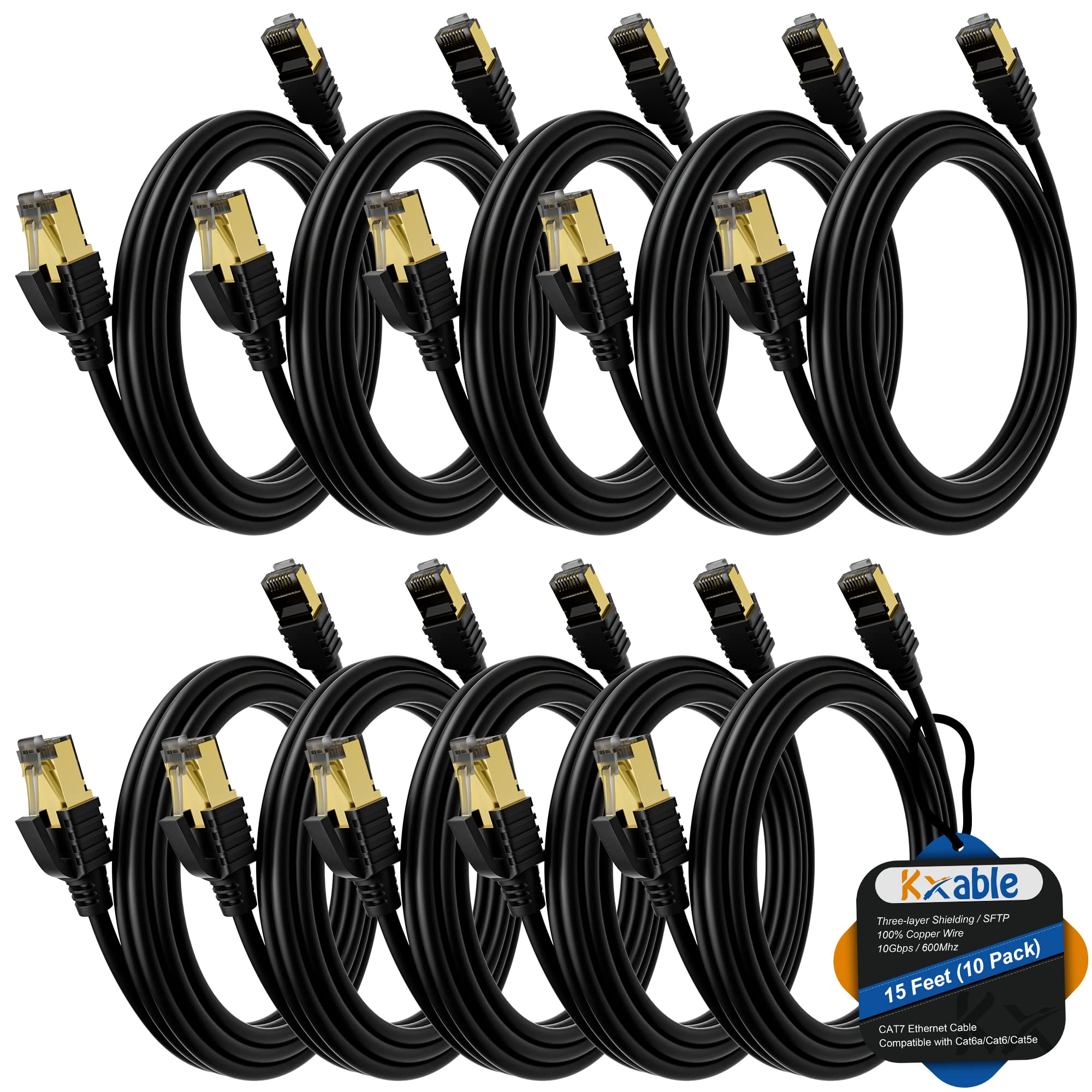 Cat 7 Ethernet Cable 15 Feet (10 Pack), Multi Pack High Speed Internet Cord, CAT7 RJ45 LAN Network Cable, Triple Shielding SFTP 10Gbps 600Mhz Patch