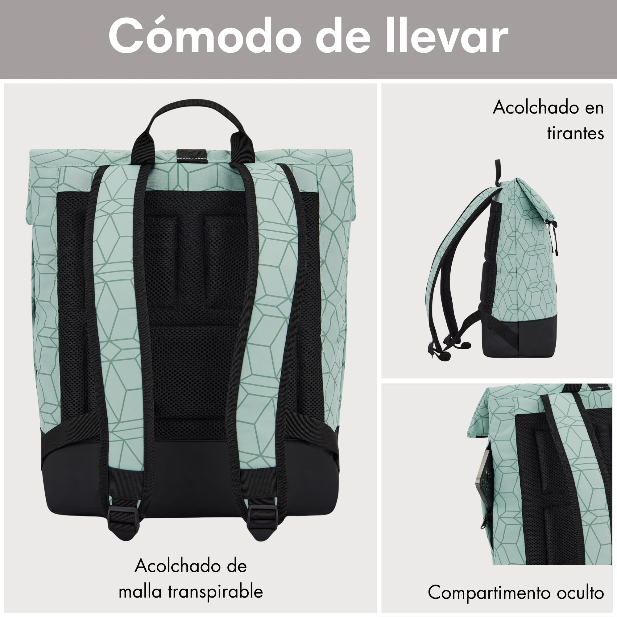 LARKSON Mochila Mujer y Hombre Verde - Tammo - Para Portátiles - Trabajo, Universidad y Viaje - Backpack Enrollable y Ligero - Repelente al Agua