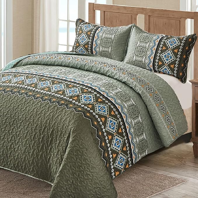 WONGS BEDDING Boho Green Quilt Set Queen 3 Piece Olive Green Fall wongs-bedding-boho-green-quilt-set-queen-3-piece-olive-green-fall