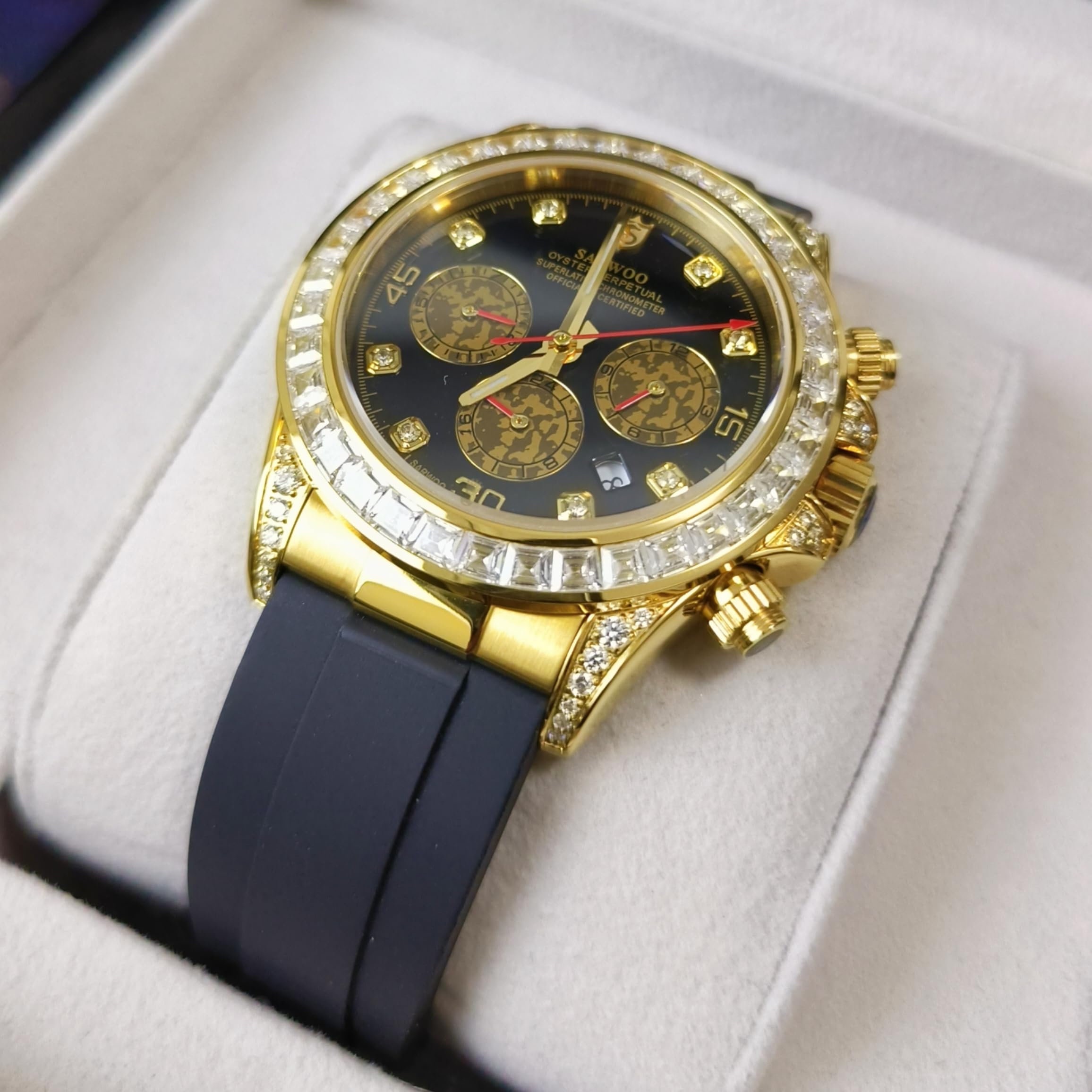 Sarwo Luksusowe mechaniczne zegarki męskie z chronografem, pozłacane, automatyczny wielofunkcyjny zegarek sportowy