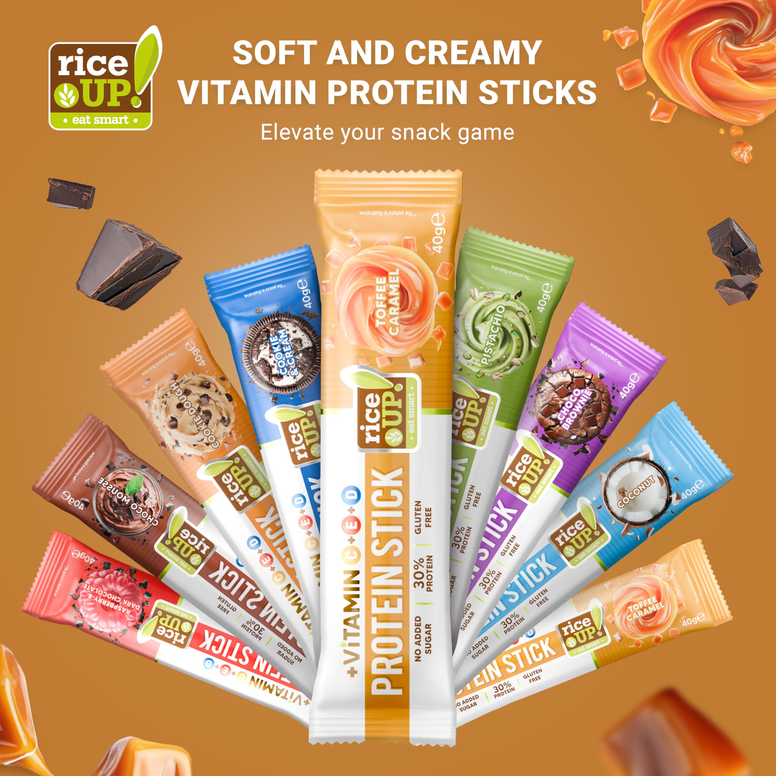 RiceUP! Barretta Proteica Vitaminica | Toffee, Cocco, Lampone | 45 x 40 g