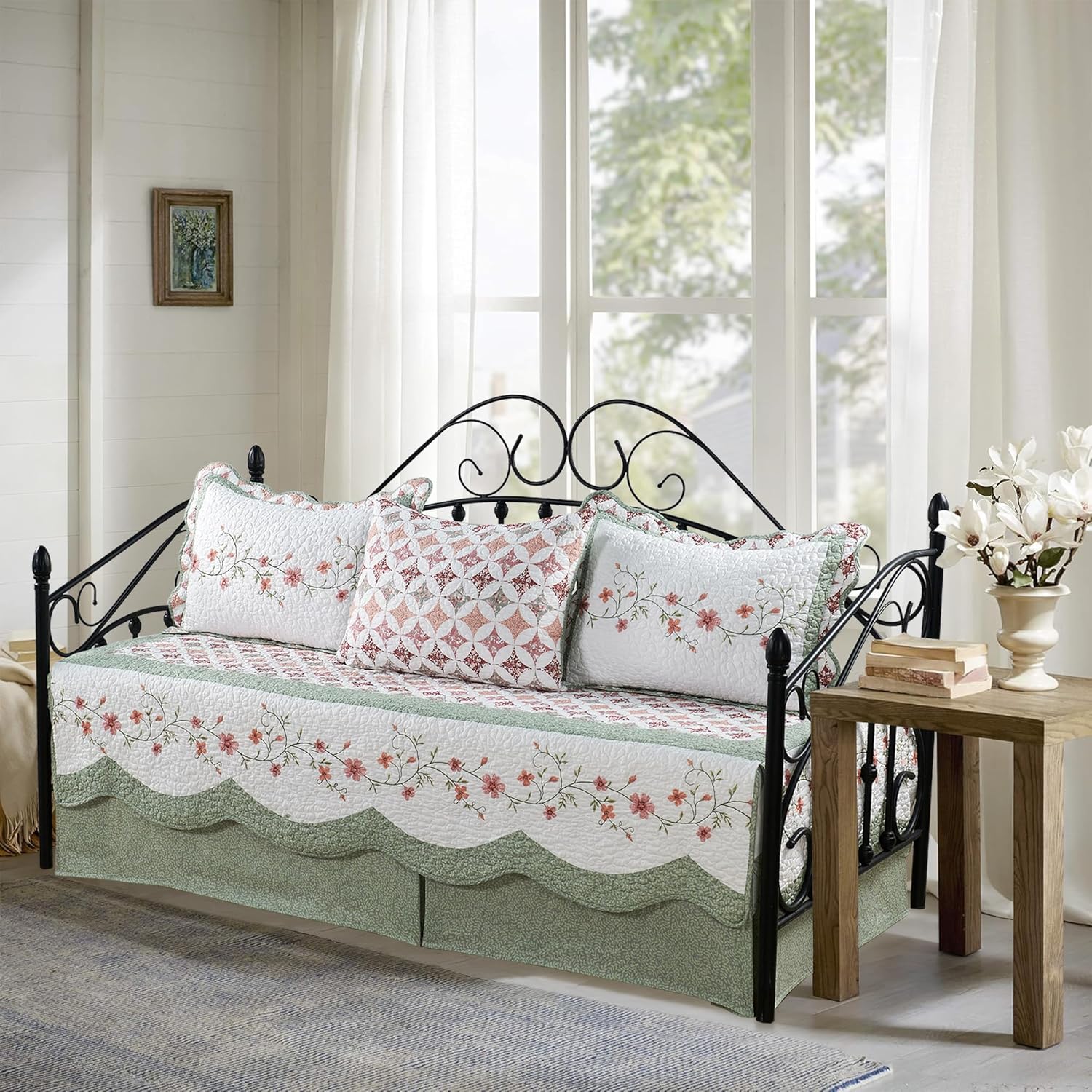 5-Piece Quilted Microfiber Daybed Cover Set with Floral Embroidery, All Season Luxurious Bedding with Matching Shams and Bed Skirt, 75"x39", Cherry