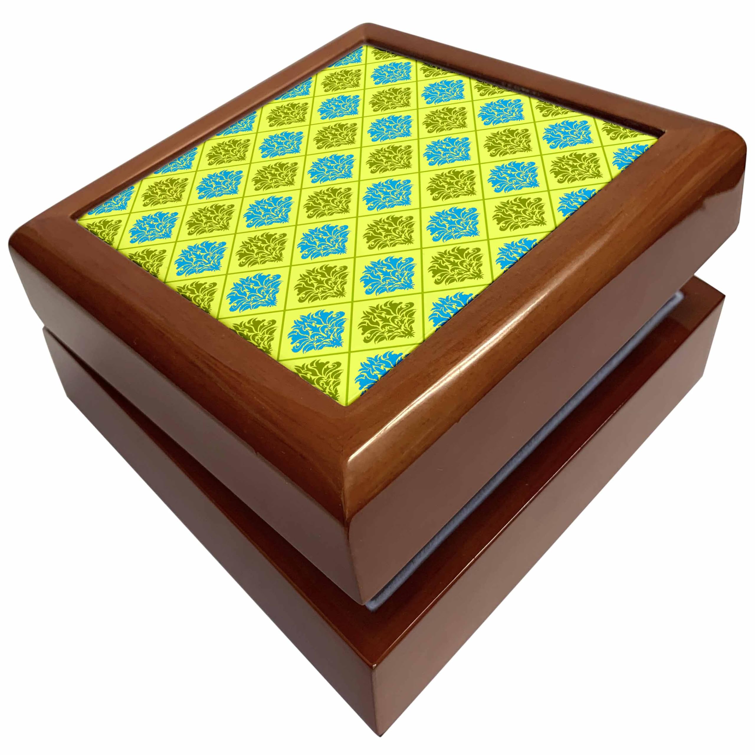 3dRoseOlive Kiwi Green Blue Diamond Damask, Jewelry Box jb-117531-1