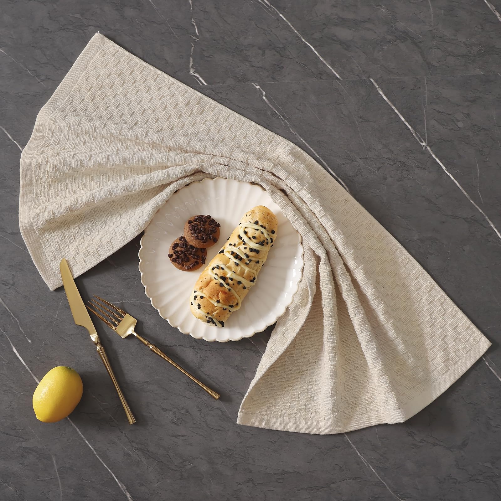 Homaxy Lot de 6 torchons de cuisine 100 % coton éponge (38,1 x 63,5 cm), doux et super absorbants, 380 g/m² réutilisables avec boucle de suspension, motif grille d'ananas, beige