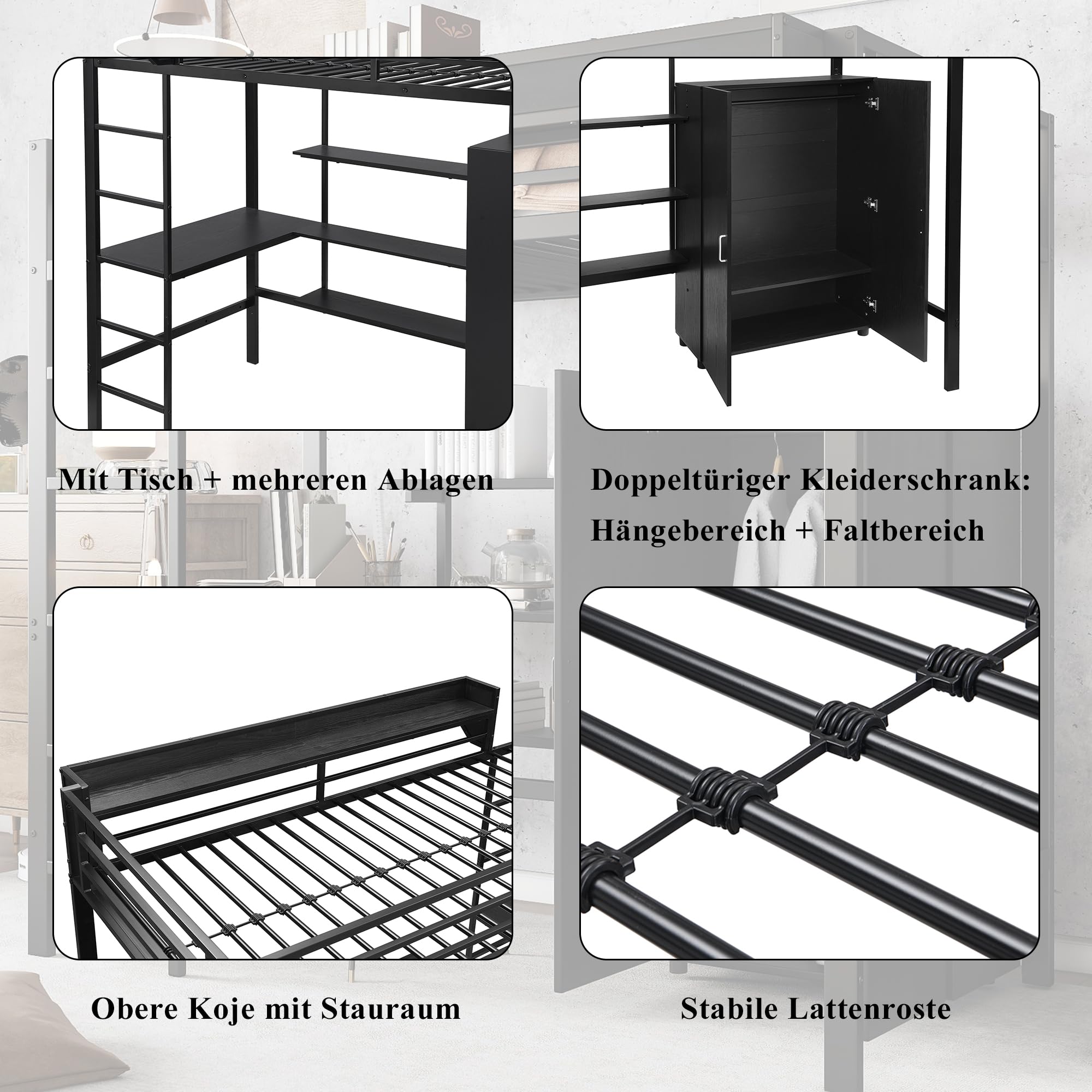 Merax Letto a soppalco 90 x 200 cm con scrivania, armadio e scaffalatura, robusto letto a castello in metallo con rete a doghe e protezione dalle cadute, salvaspazio, letto a castello, letto a