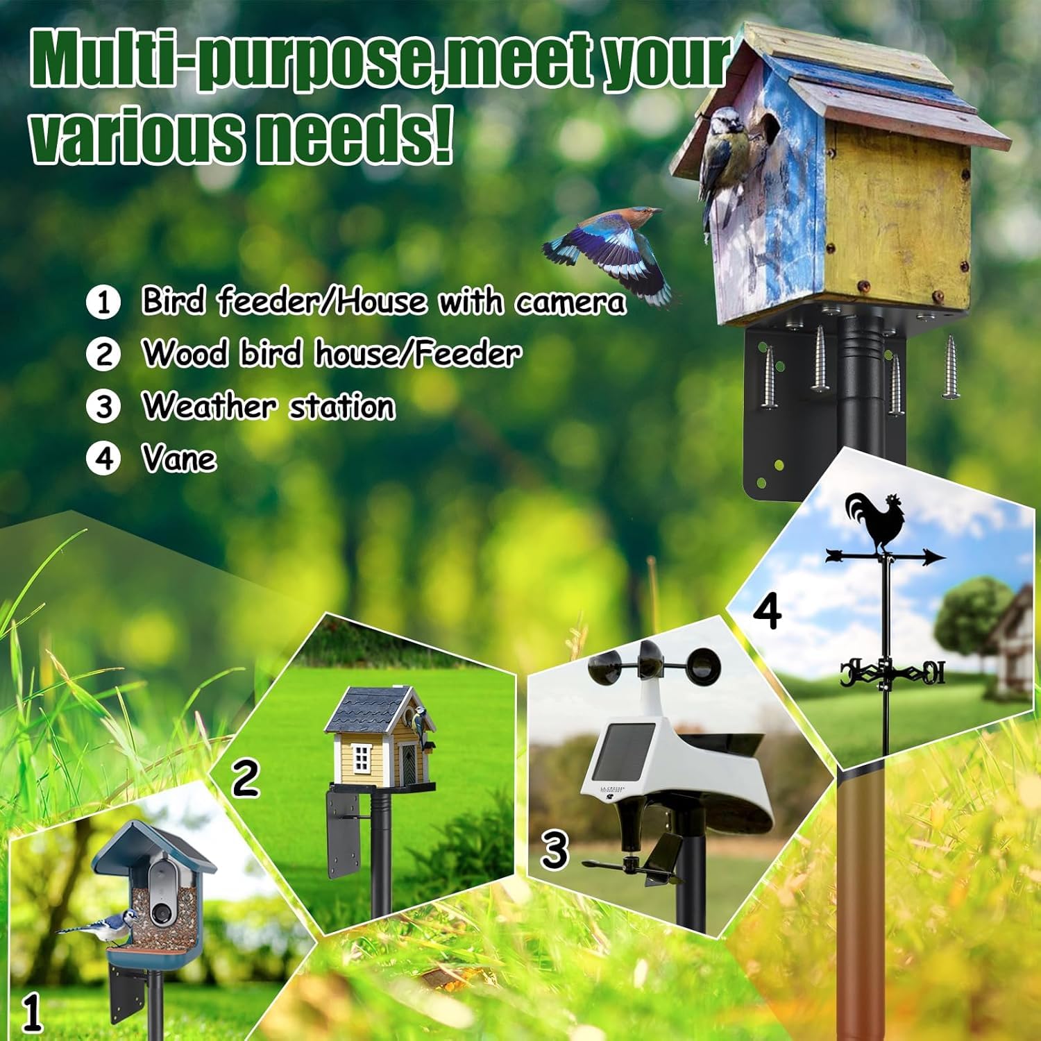 Support Poteau Nichoir Réglable 150 Cm – Acier Inoxydable Anti-Rouille Avec Base 5 Griffes, Idéal Merle Bleu, Mangeoire Oiseaux Ou Station Météo