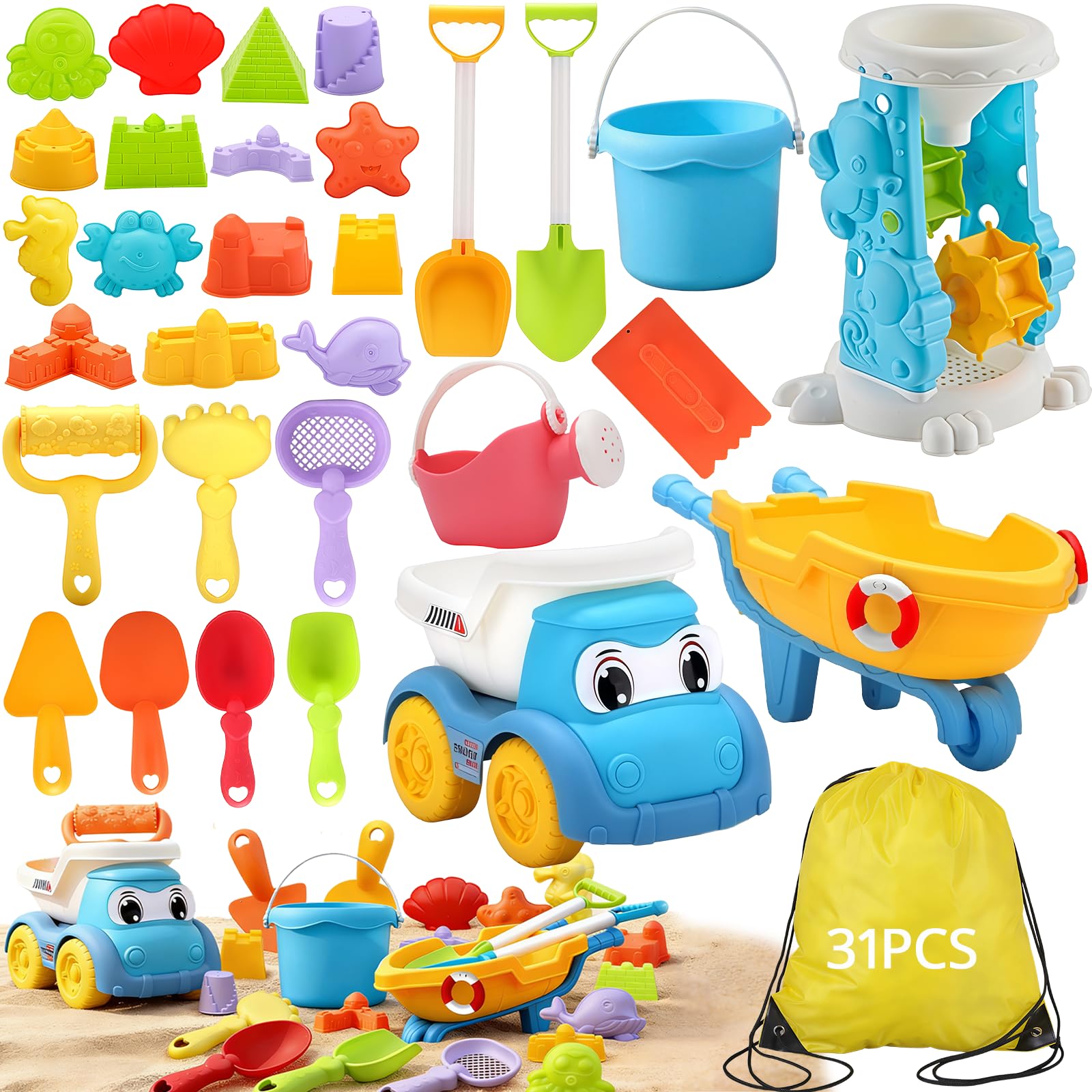Juguetes Playa 31 Piezas, Juguetes de Playa Set para Niños con Cubo, Vehículos de Construcción, Moldes de Arena, Palas, Bolsa Malla Juguete Playa para Niñas Niños 3 4 5 6 7 Años