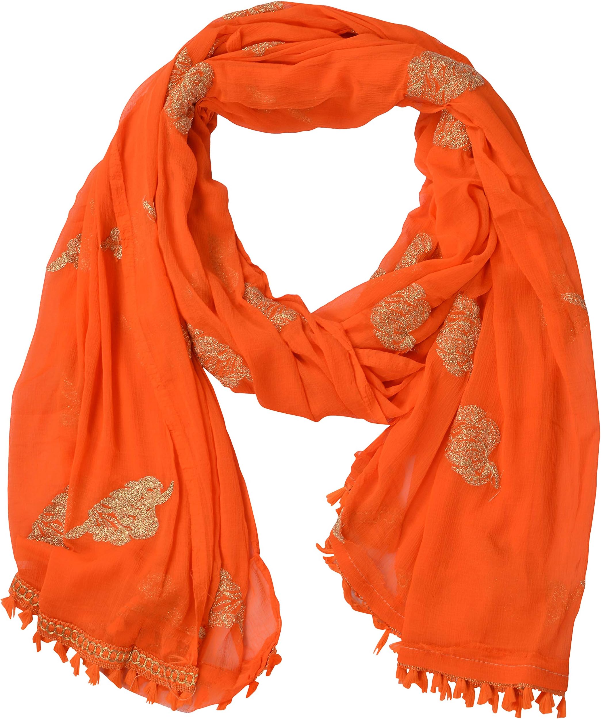 YOUTHQUAKE Golden Patti Embroidered Work Chiffon Dupatta for Womens & Girls with Jaalar Lace (Orange) 2.25 Meter