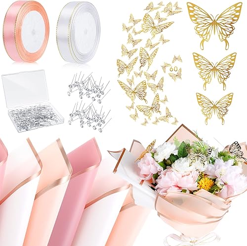 Outus 60 hojas de papel de regalo para ramo de flores, impermeable, con 60 mariposas 3D, 100 alfileres de flores, 2 rollos de cinta, suministros de