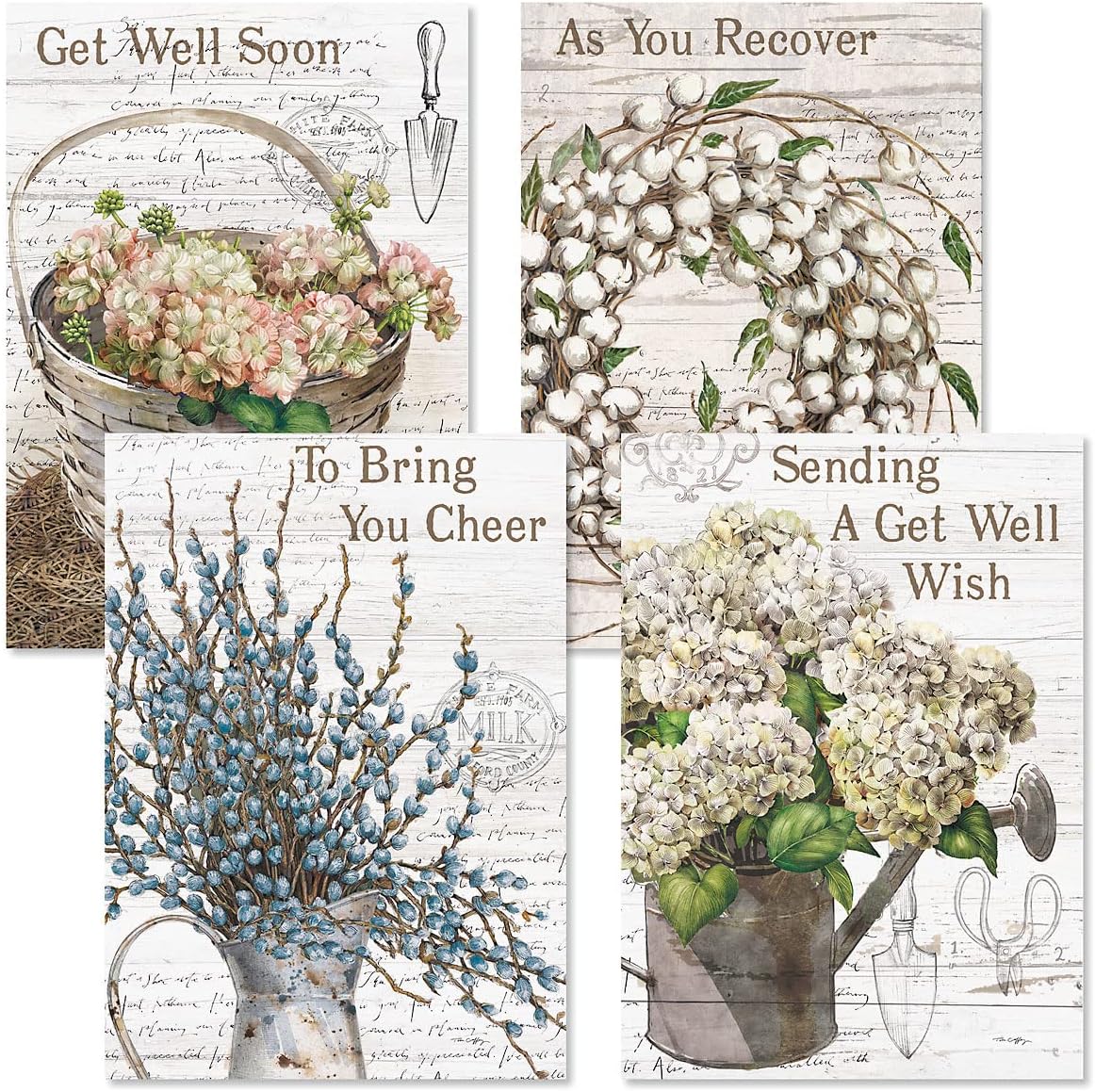 Farmhouse Get Well Greeting Cards - Set of 8 (4 Designs), Large 5 x 7, Sympathy Cards with Sentiments Inside, White Envelopes
