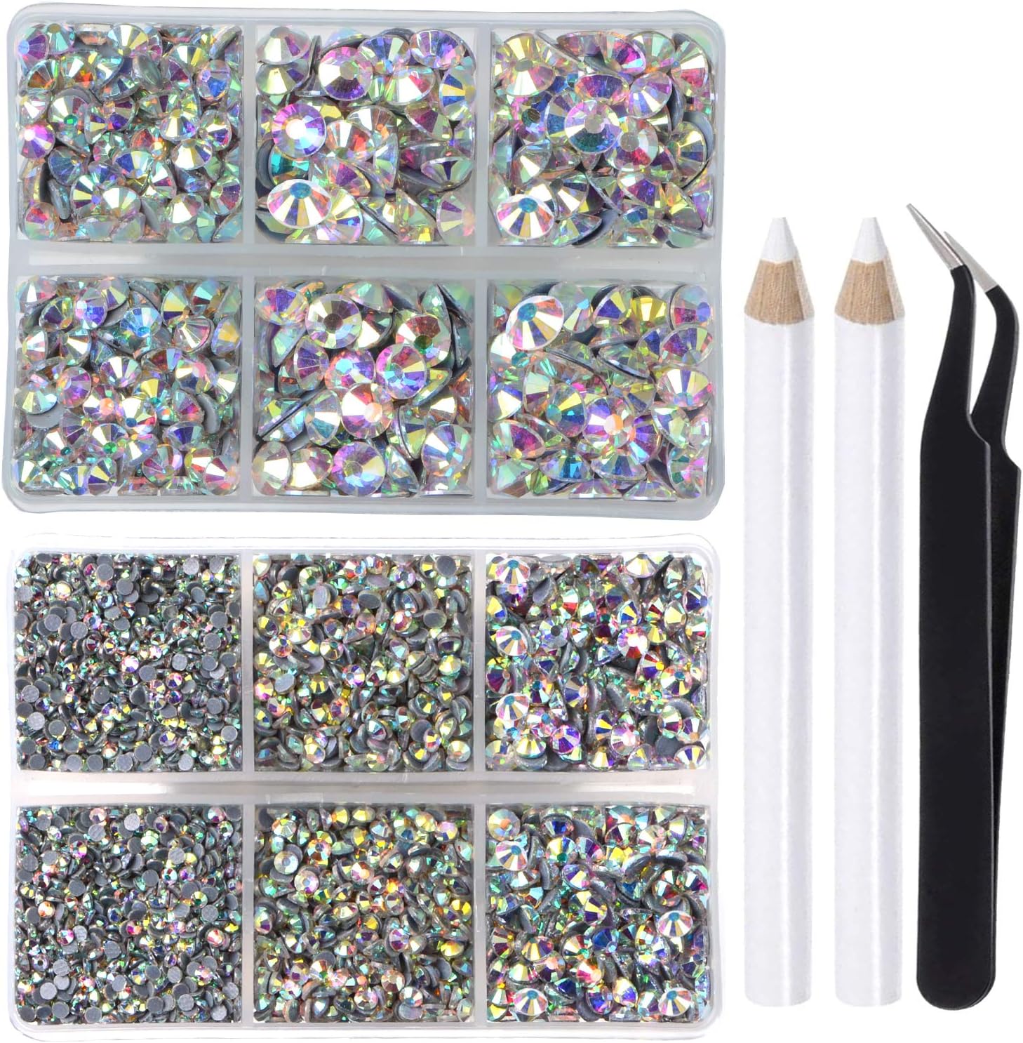 LPBeads 6400 Pieces Hotfix Rhinestones Clear AB Flat Back 5 Mixed Sizes Crystal Round Glass Gems with Tweezers and Picking Rhinestones Pen