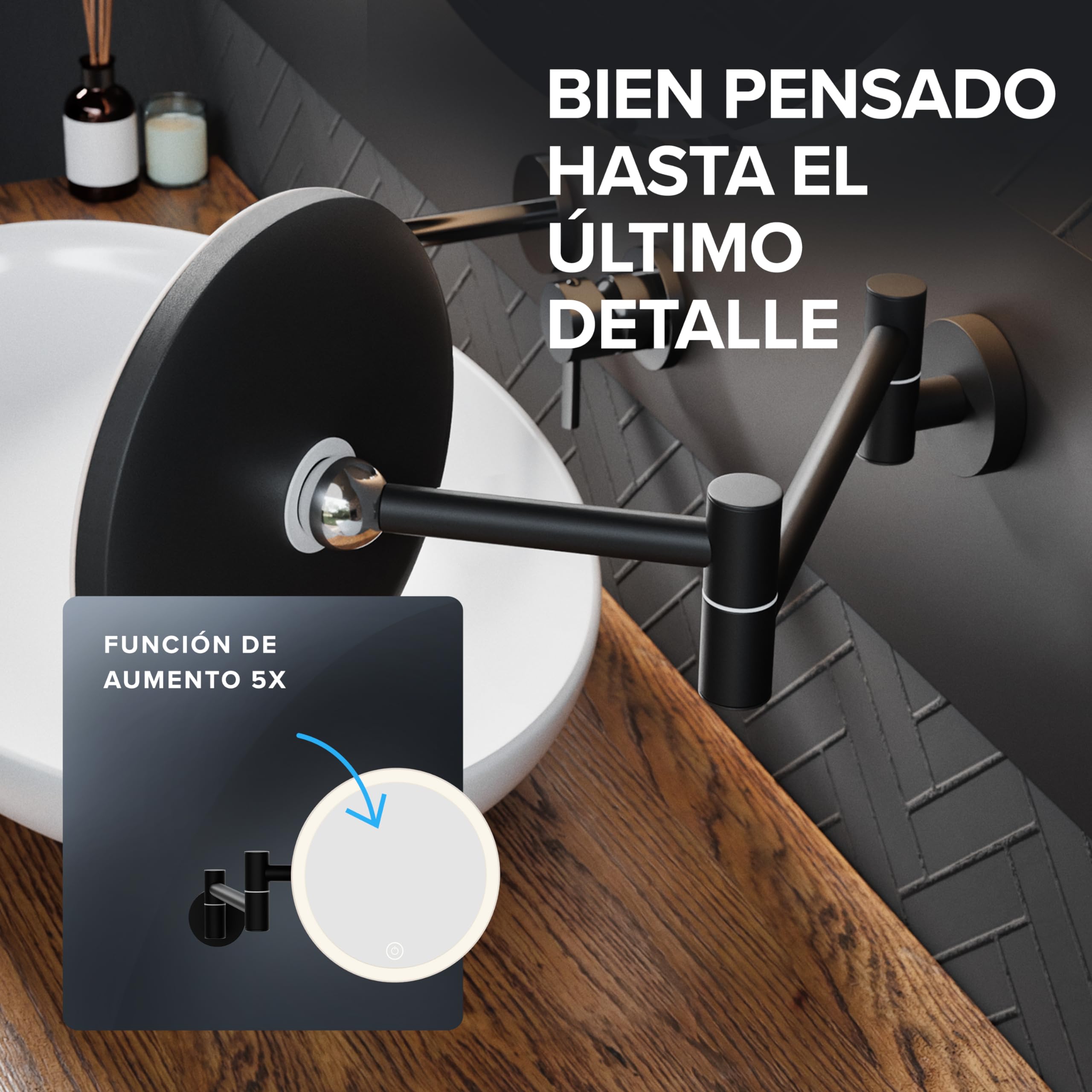ovimar Leinoya Espejo cosmético | con iluminación | recargable | montaje en pared para taladrar | en el cuarto de baño | espejo de aumento 5x | espejo de maquillaje con luz | 360 grados 5X negro para