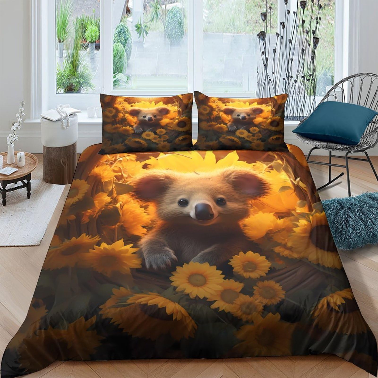 P5V6M1Q9 3D Printed Cute Koala Sunflower Duvet Cover Microfiber Soft Yellow Bedding Set with 2 Pillowcases for Bedroom Decor Single（135x200cm）