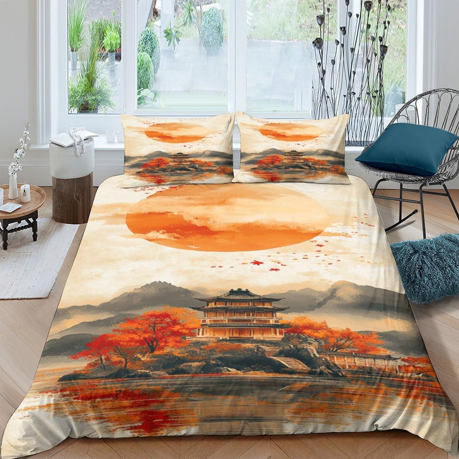 GPLZQXKJNH 3D Printed Japanese Sunset Landscape Duvet Cover Microfiber Soft Breathable Red Mountain Bedding Set with 2 Pillowcases for Bedroom Decor Single（135x200cm）