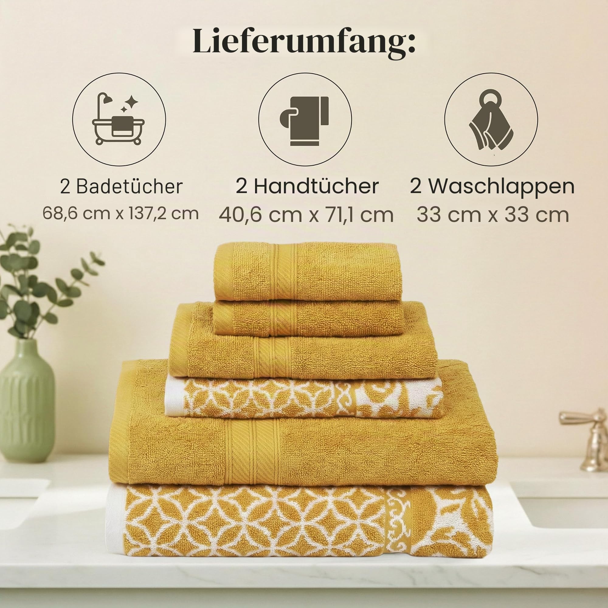 Modern Threads Trefoil Filigran 6er-Handtuch-Set, 100% Baumwolle, Wendedesign mit garngefärbtem Jacquard, 2 Bade-, 2 Handtücher, 2 Waschlappen, saugfähig, schnelltrocknend, weich und langlebig, Gold