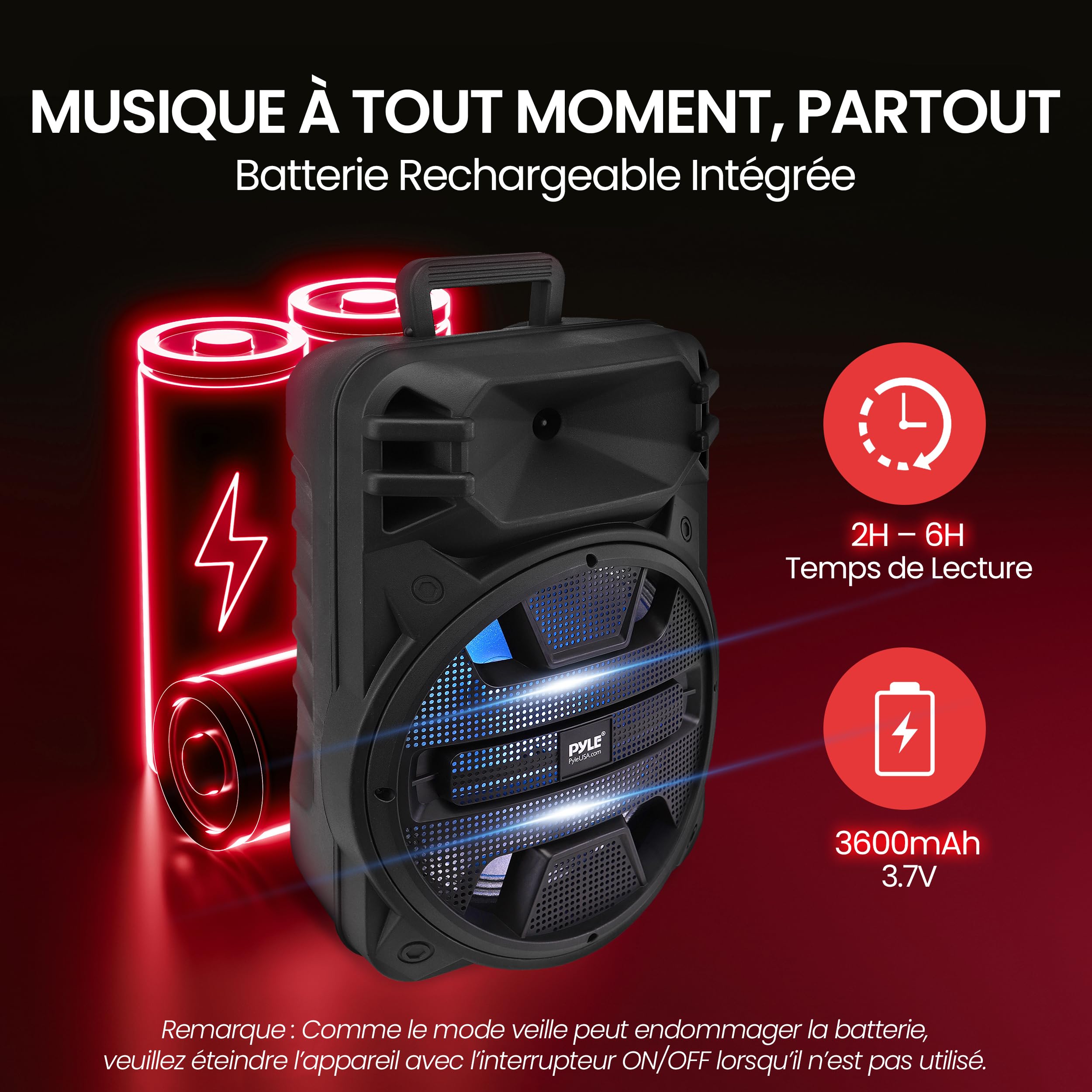 Pyle Système d’Enceinte Bluetooth Puissante Portable 30,48 cm- 800 Watts-Haut-Parleur de Karaoké-Entrées USB/FM/Bluetooth/Aux/Micro et Batterie Rechargeable Intégrée-Sono Portable
