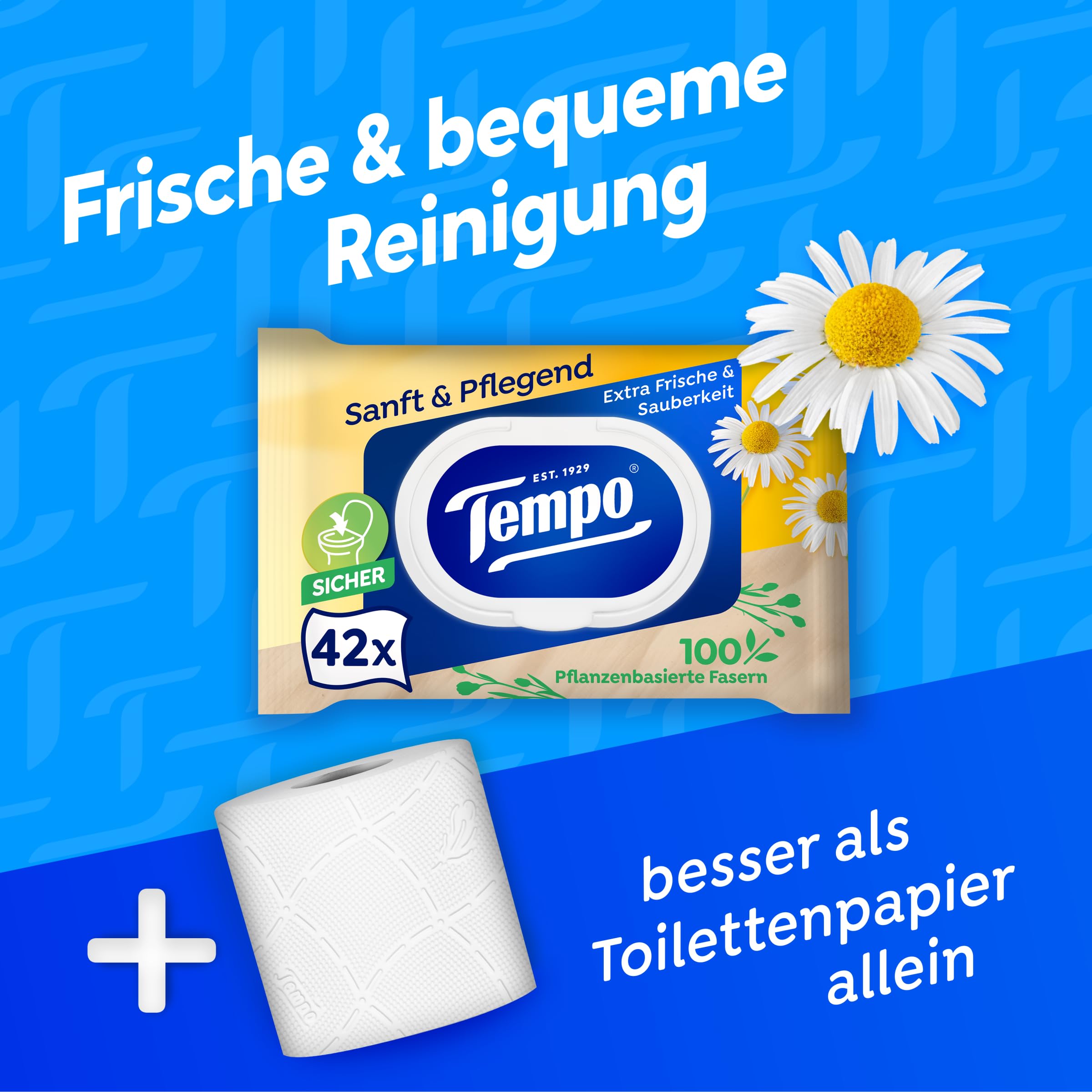 Tempo Feuchte Toilettentücher "Sanft & Pflegend" - Megapack - 16 Packungen mit je 42 Tüchern - Duo Packs - mit natürlicher Kamille - Toilettenpapier, dermatologisch getestet & pH-hautneutral