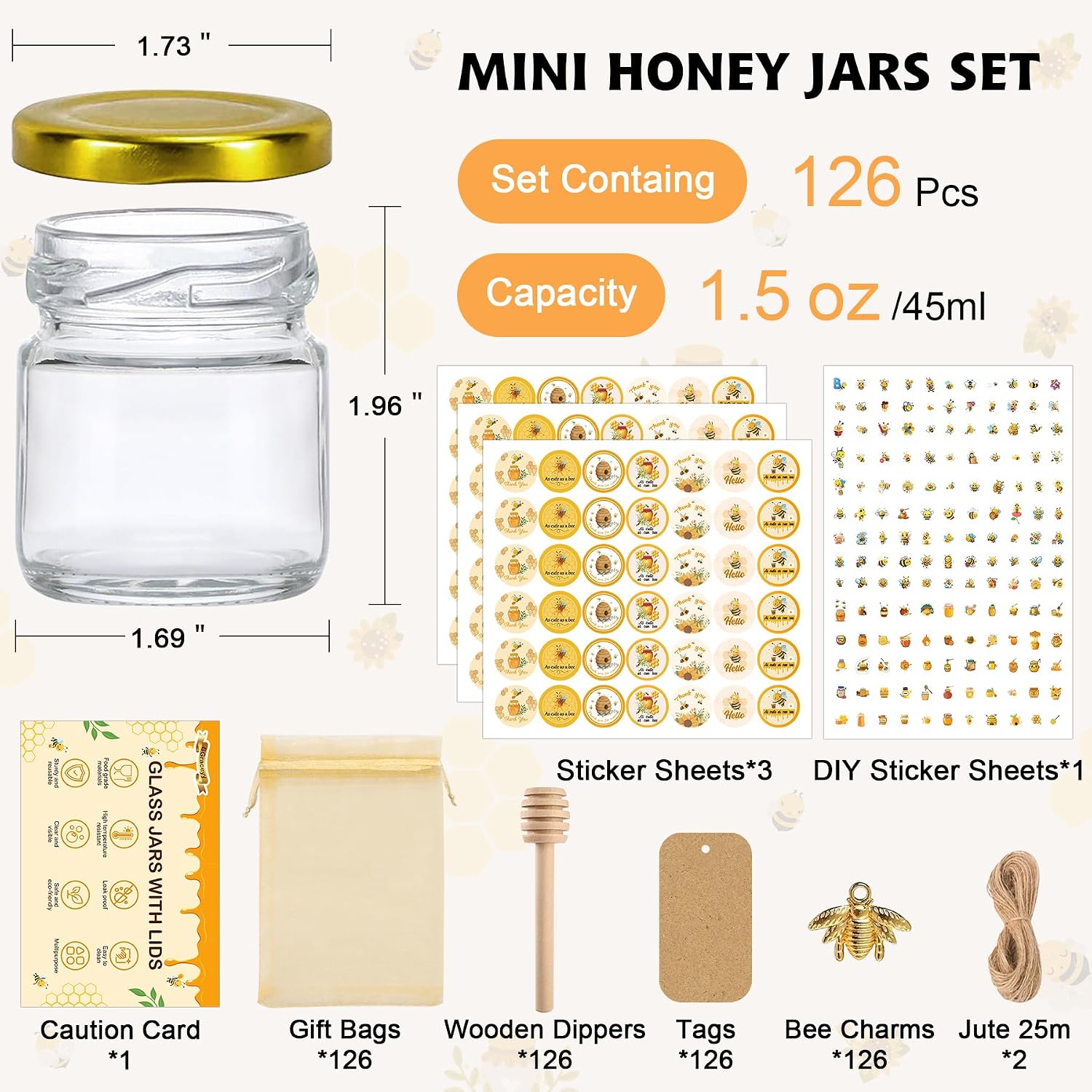 BGraceyy 126 Pcs 1.5 oz Mini Round Glass Honey Jars with Dippers, Gold Lids, Bee Stickers, Bee Charms, Gift Bags & Jute– Empty Small Honey Jars for Party Favors Bulk, Ideal for Baby Showers ＆ Weddings image 3