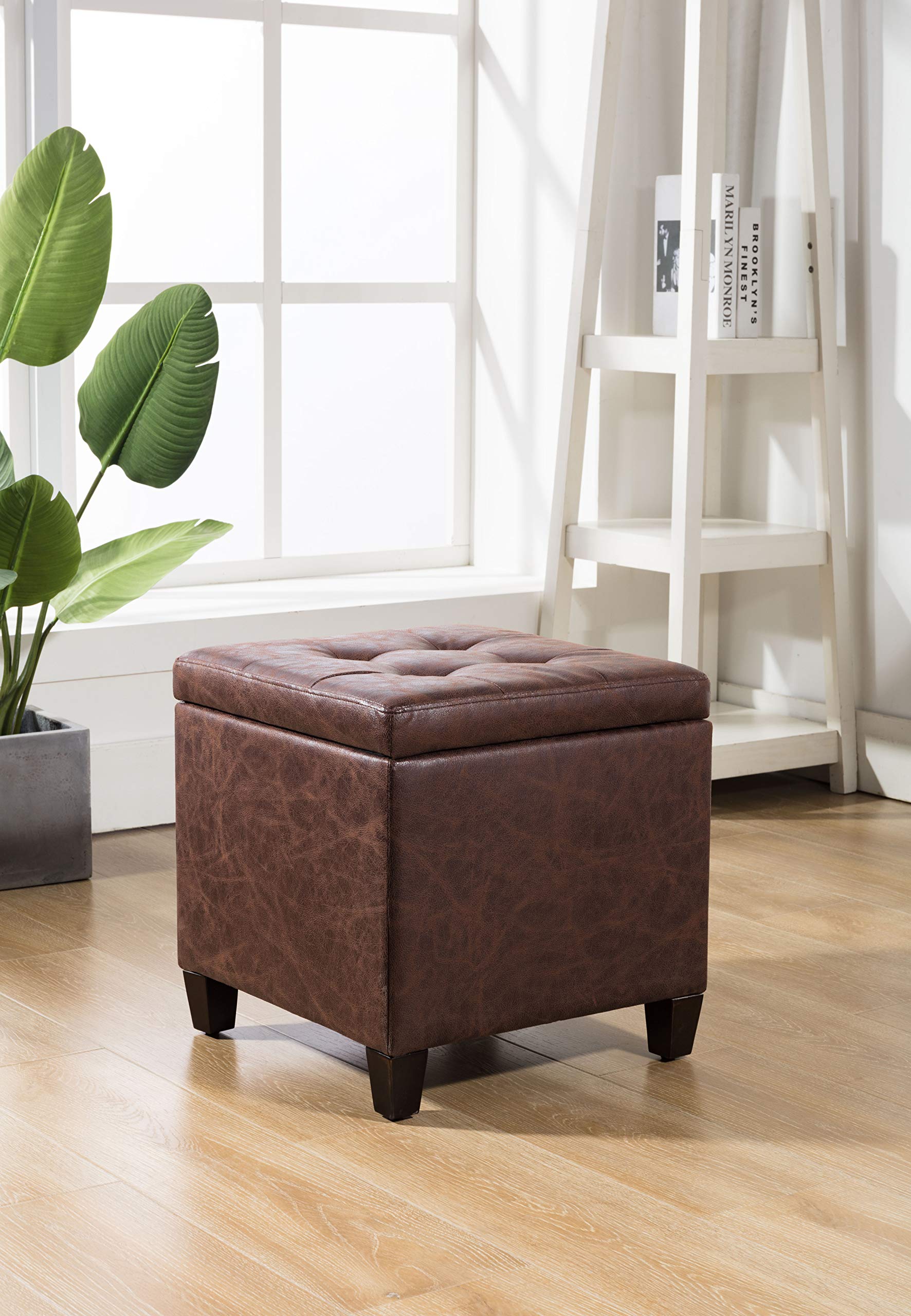 WOVENBYRD 17.5-Inch Button Tufted Storage Ottoman with Lift Off Lid, Dark Brown Faux Leather
