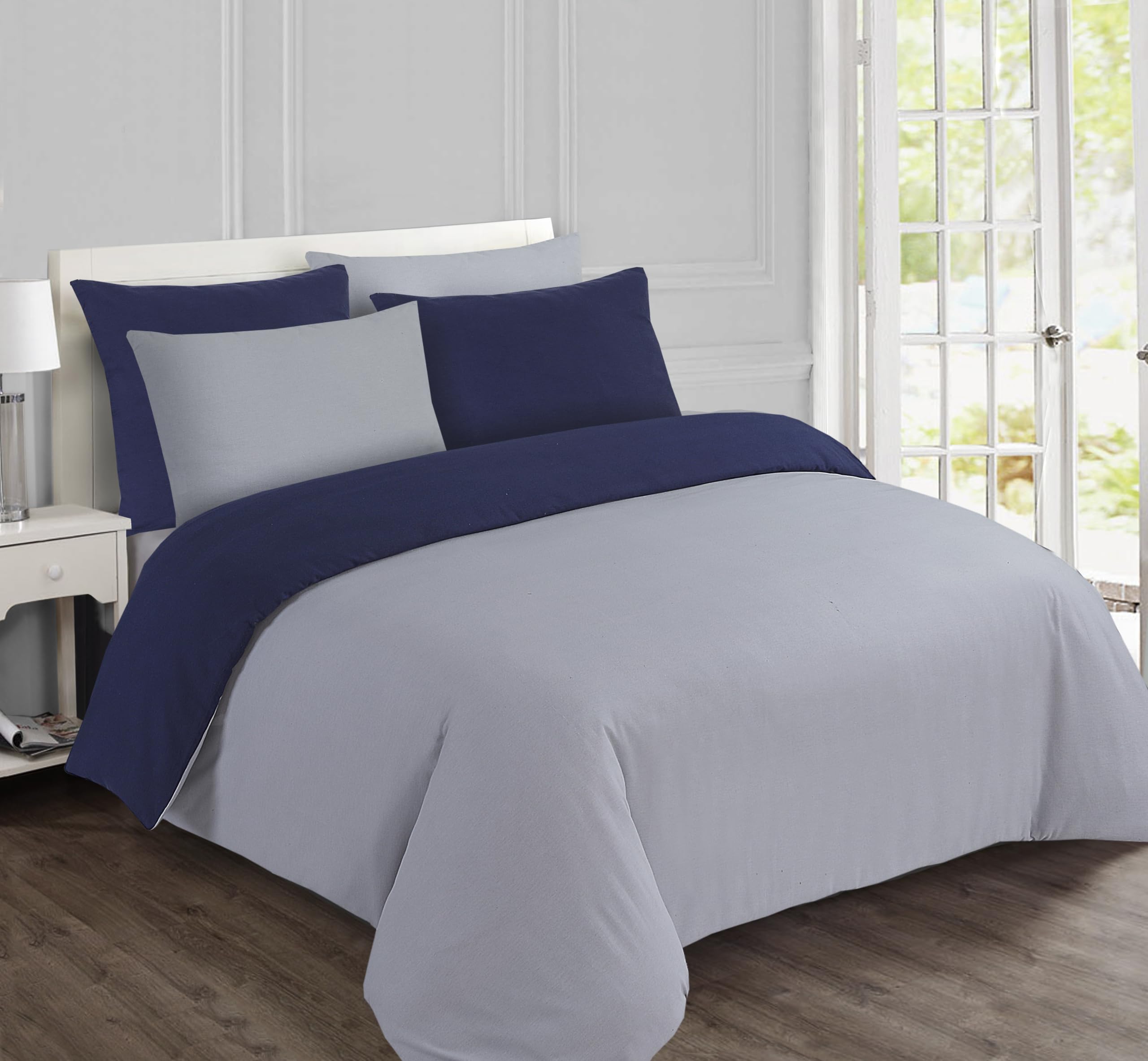 Vision - Set copripiumino reversibile in flanella - blu/grigio - Set copripiumino 260 x 240 cm con 2 federe per letto matrimoniale Kingsize - 100% cotone flanella - morbido e caldo