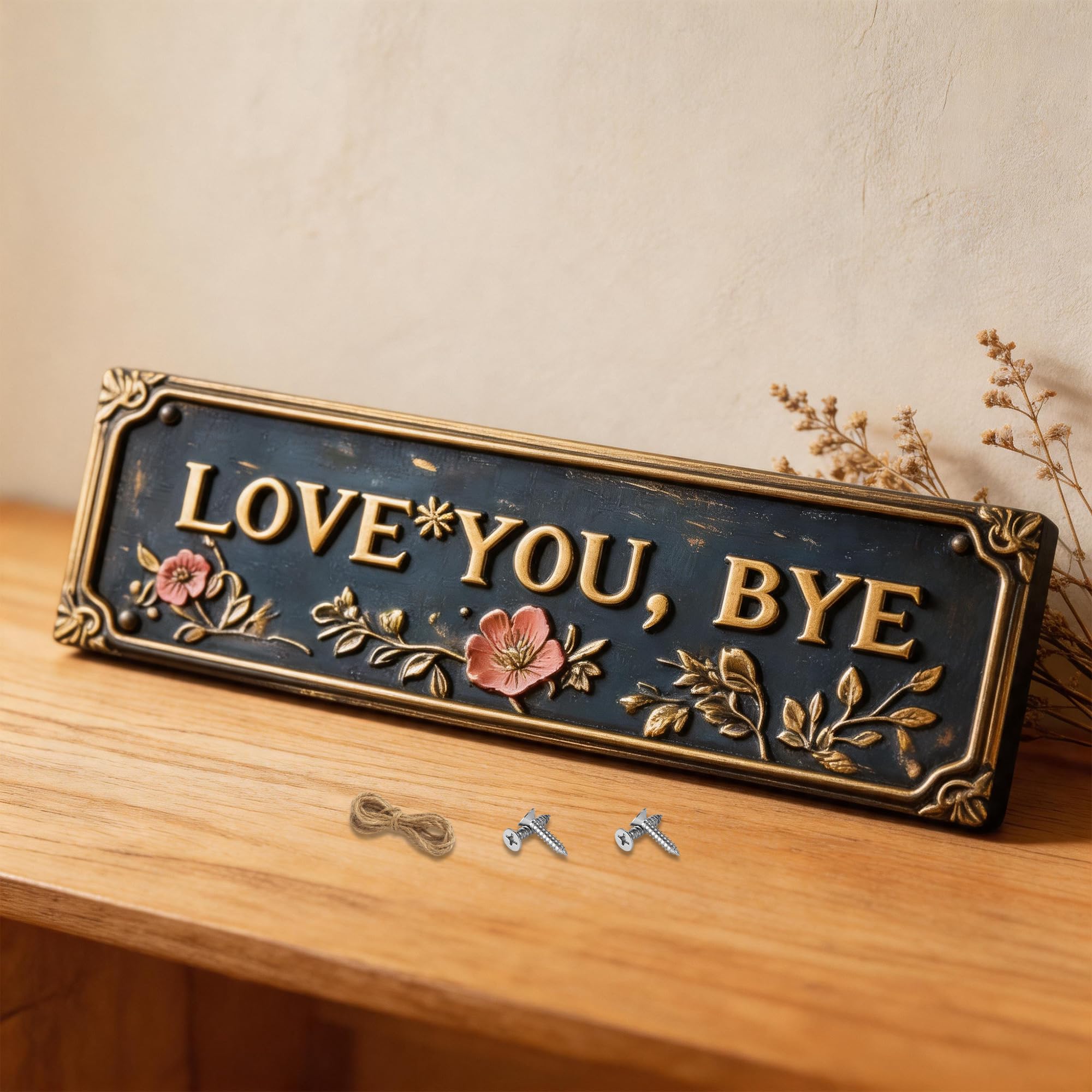 Vintage "Love You Bye" Sign - Rustic Floral Plaque for Home Decor, Farmhouse Door Sign with Hanging Rope & Screws, Cottagecore Wall Decor for Adults