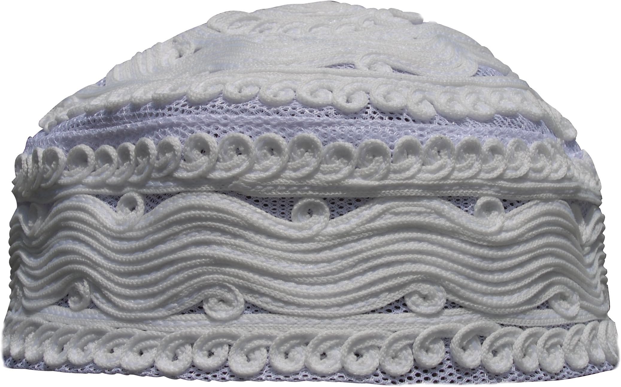 Beautiful White Macrame Desing Mesh Base Muslim Islamic Kufi Hat Skull Cap 22-inch