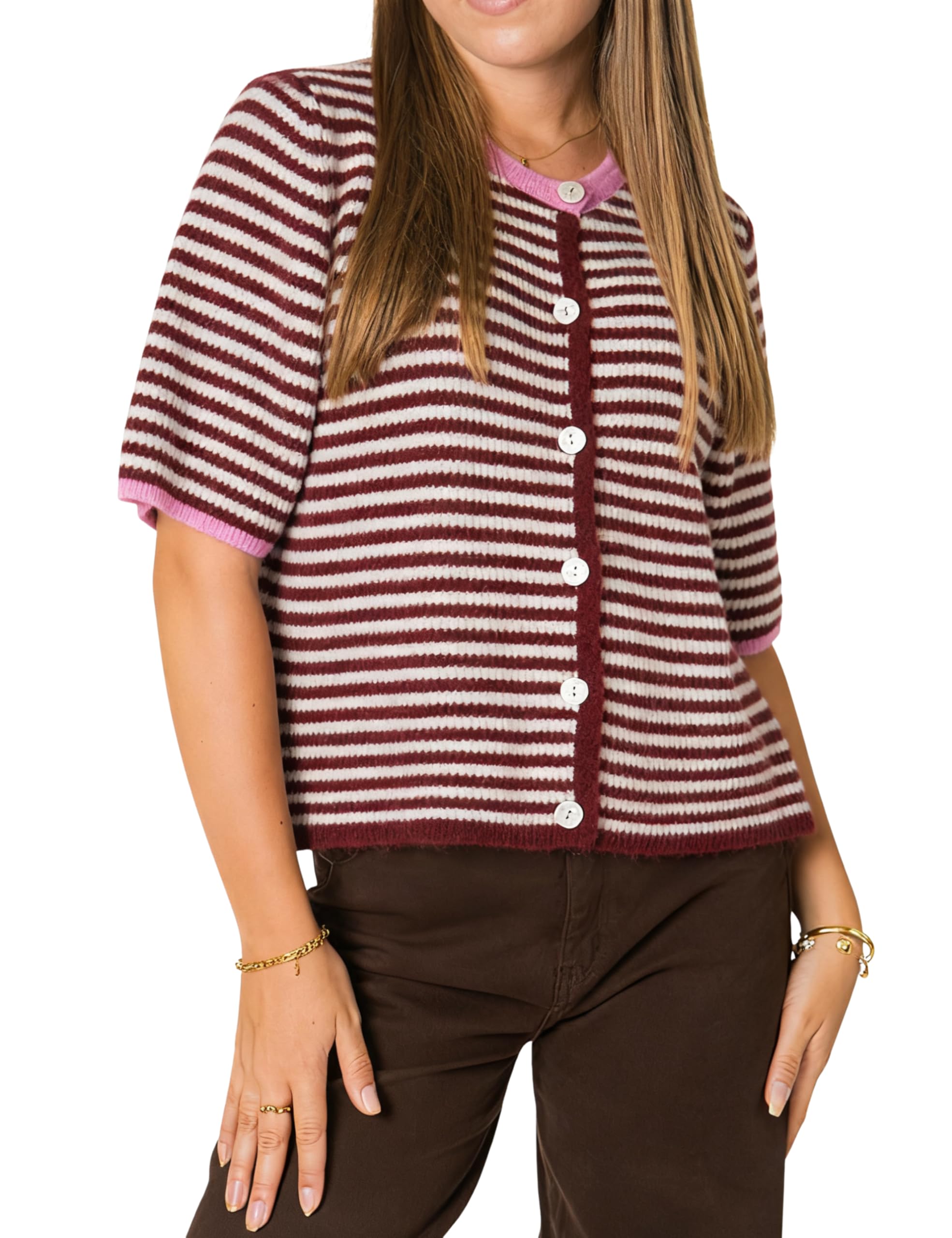 AMEBELLE Womens Lightweight Short Sleeve Cardigan Summer Casual Striped Knit Open Front Sweater