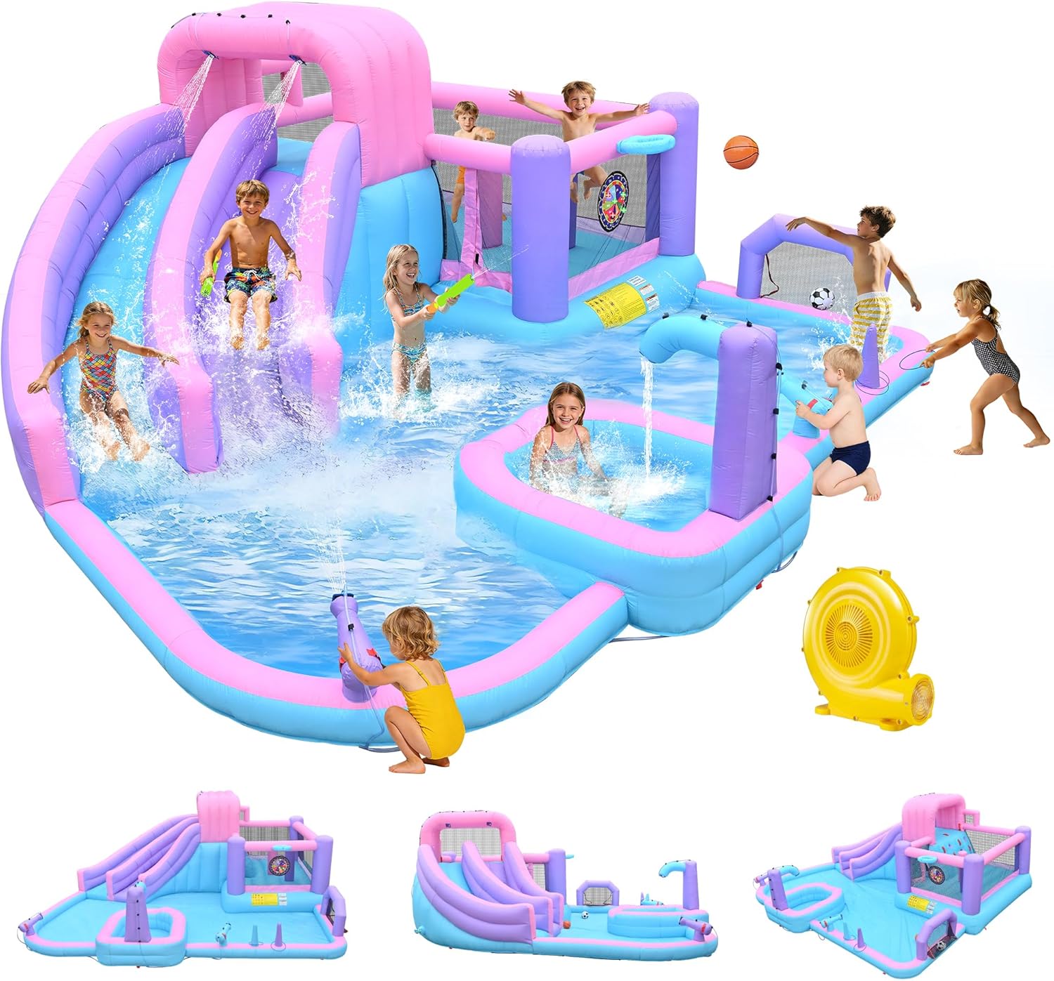 10-in-1 Inflatable Water Slide for Kids Giant 19.3Ft x 16.6Ft Backyard Water Park with Dual Slides, Deep Pool, Outdoor Bounce House Water Slide with Sports Zone, Includes 850W Blower