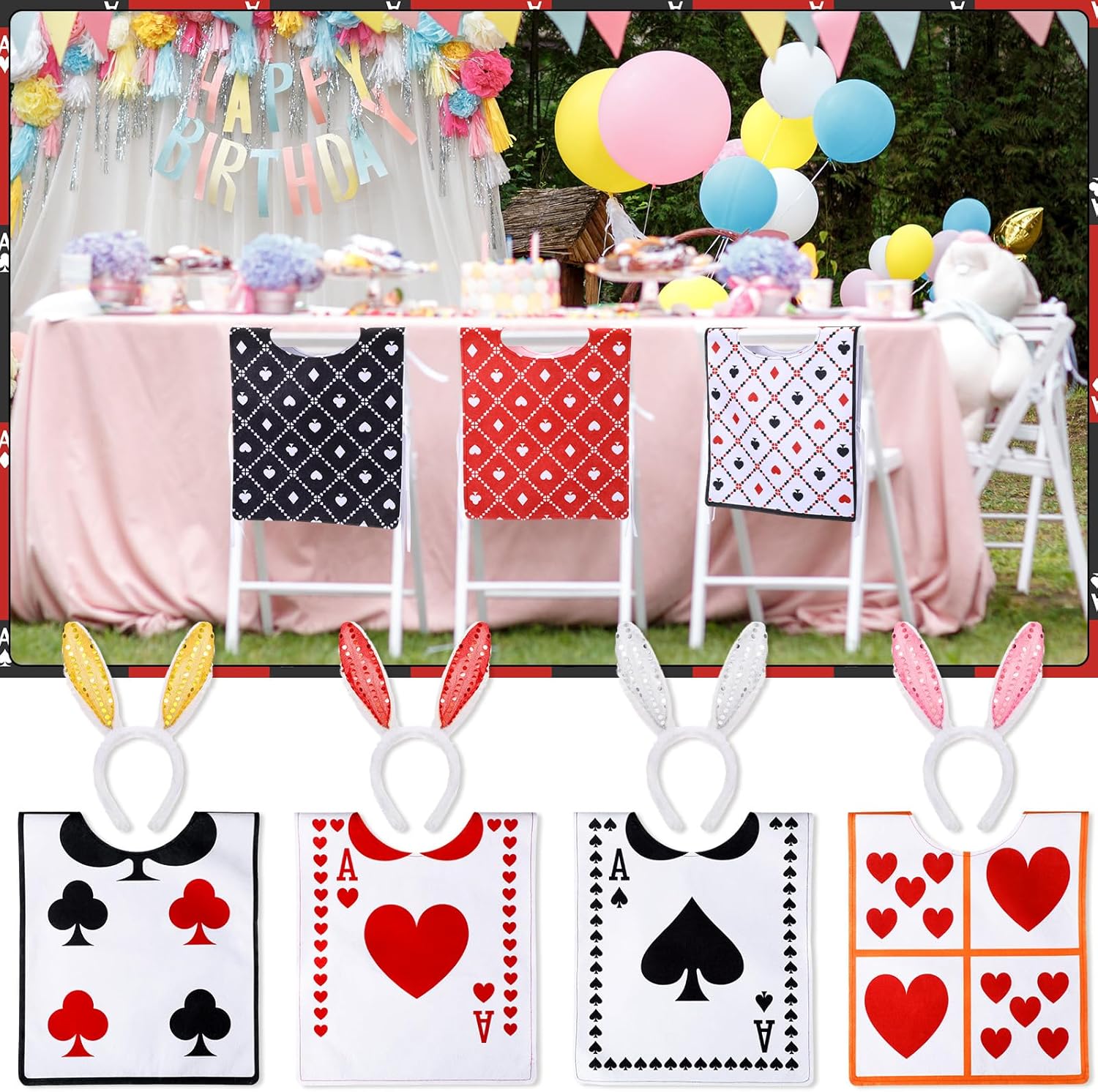 8 Set Playing Cards Felt Suit Vests with Rabbit Headbands White Rabbit Playing Cards Costume Tea Party Decoration Hearts Costume Casino Theme - Image 6