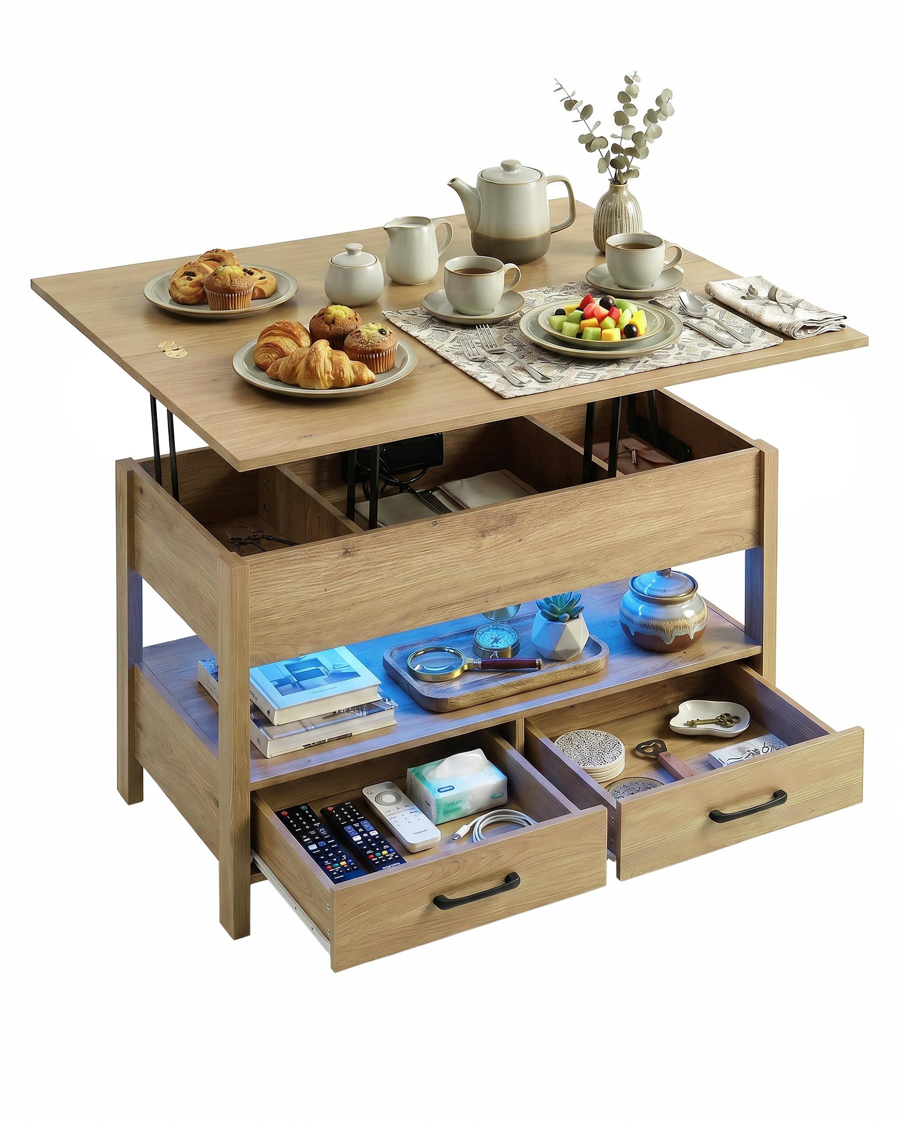 Mesa de Centro Elevable y Extensible, Coffee Table con Altura Regulable, Mesa Auxiliar Sofa con 2 Cajones, 2 USB y 2 Enchufes, Luz LED, Madera
