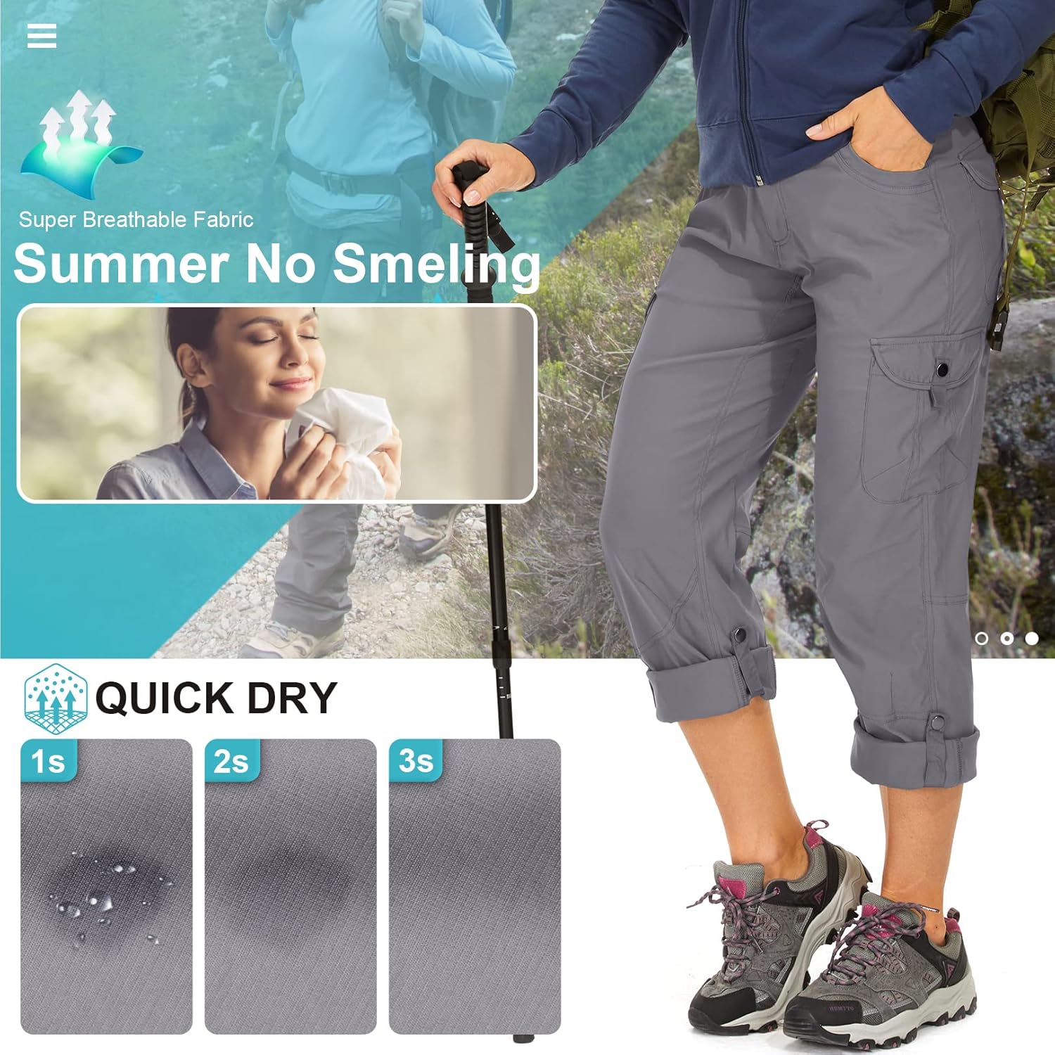 Toomett Women's Hiking Cargo Pants Convertible Quick Dry UPF50+ Waterproof Capri Fishing Safari Travel Pants - Image 7