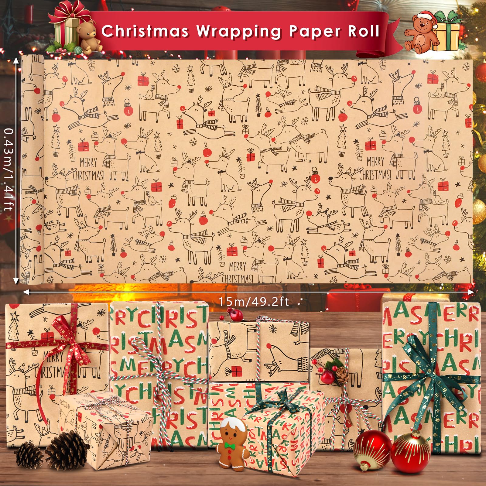 AhfuLife 2 Rotoli di Carta da Regalo Natalizia, 43cm x15M per Natale Riciclabile Kraft per Scatole, Decorazione per Feste (V:Babbo Natale/Carta Rossa
