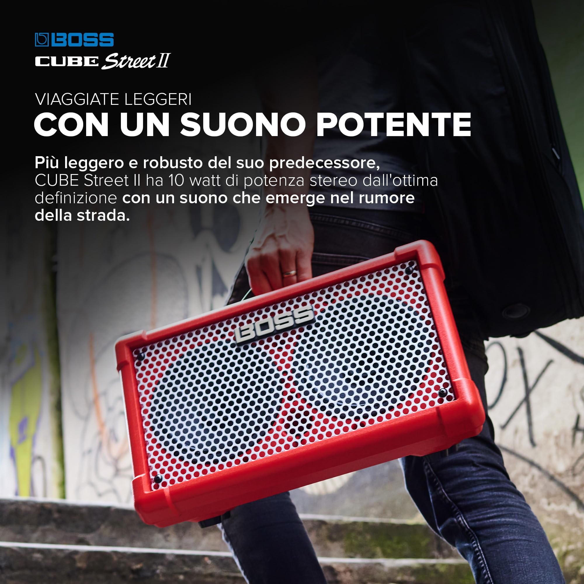 BOSS CUBE Street II | Amplificatore stereo portatile a batterie | Suono di alta qualità | Ideale per gli street performer | Supporta microfoni, strumenti e dispositivi audio | Rosso