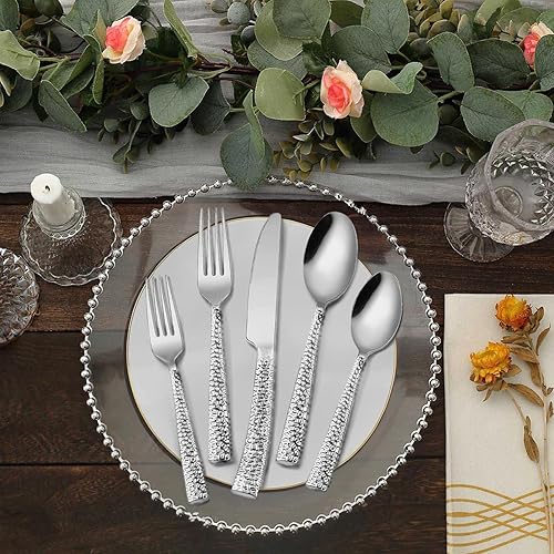 Miniatura 9 de Kikbioee Hammered - Juego de cubiertos de acero inoxidable, 20 piezas, forjado, apto para lavavajillas, servicio para 4