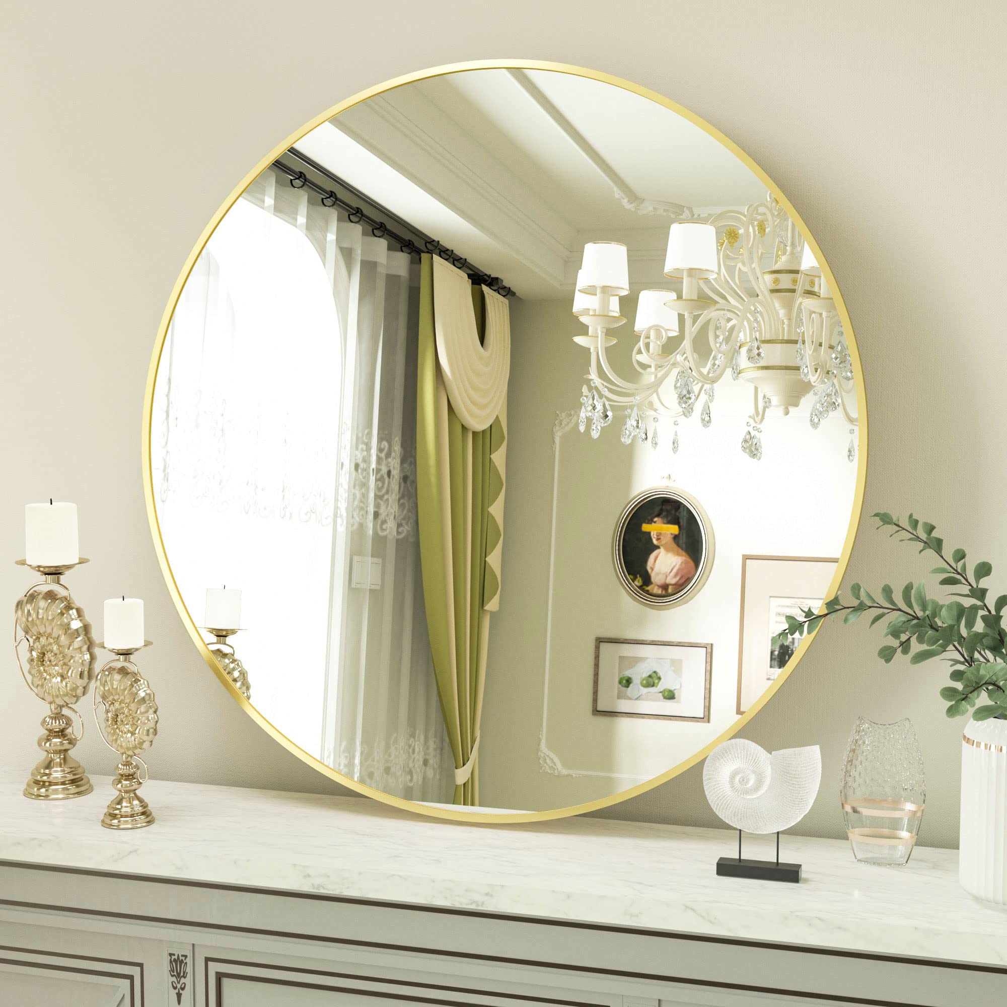 VooBang Gold Round Bathroom Mirror 19.6", Thin Metal Frame Wall Mirror
