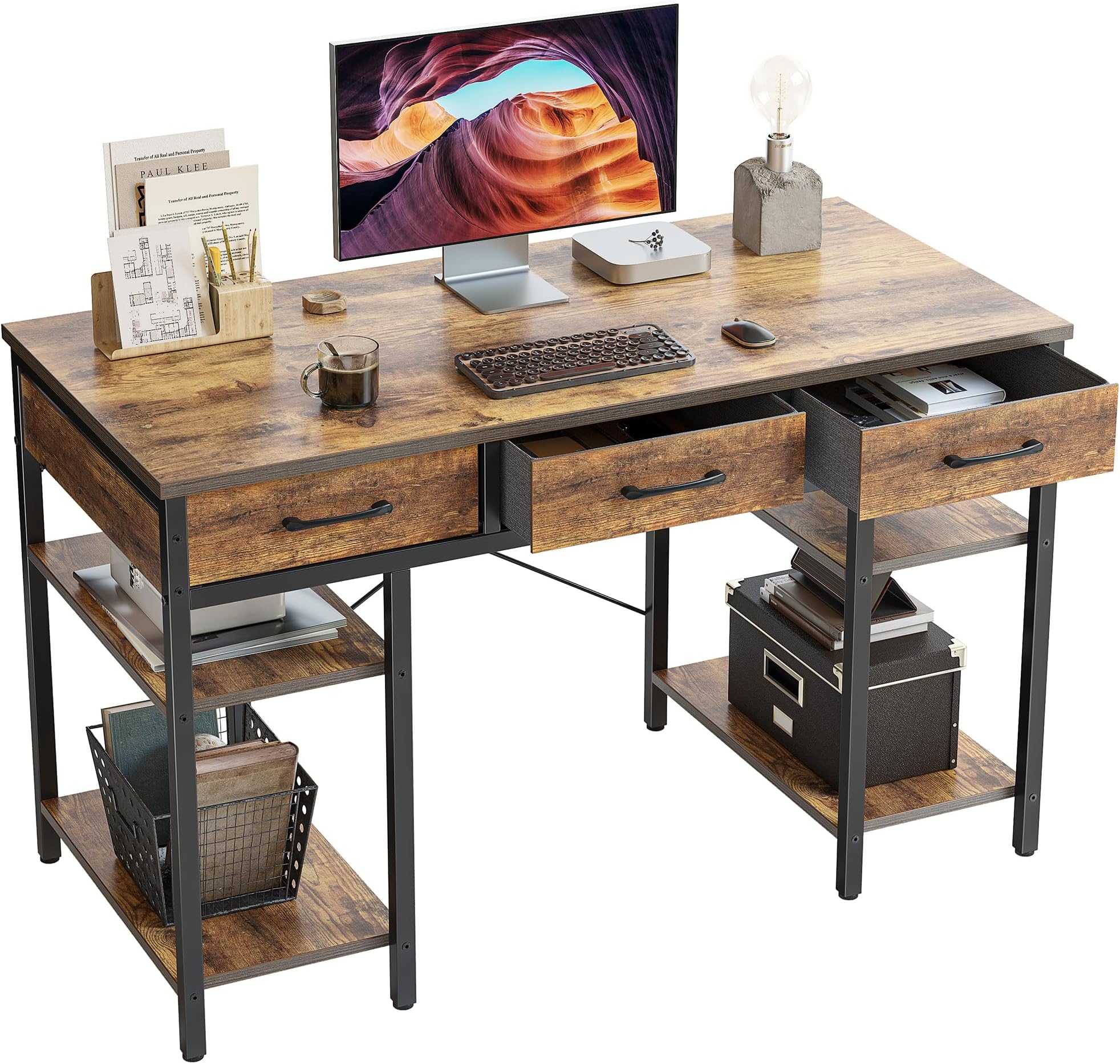 CubiCubi Computer Desk, Desk with 3 Drawers, Left and Right Rack, Width 47.2 x Depth 18.9 inches (120 x 48 cm), Study Desk, Brown